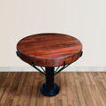 26 Inch Handcrafted Round Side End Table, Thick Mango Wood Top, Black Iron Pedestal Base Black Brown Metal & Wood