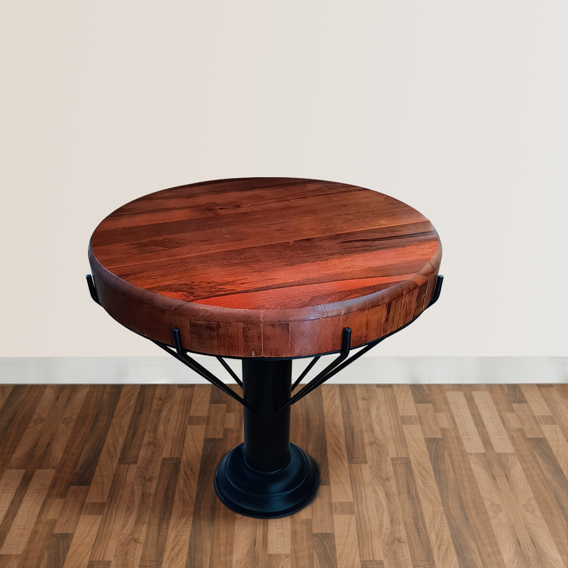 26 Inch Handcrafted Round Side End Table, Thick Mango Wood Top, Black Iron Pedestal Base Black Brown Metal & Wood
