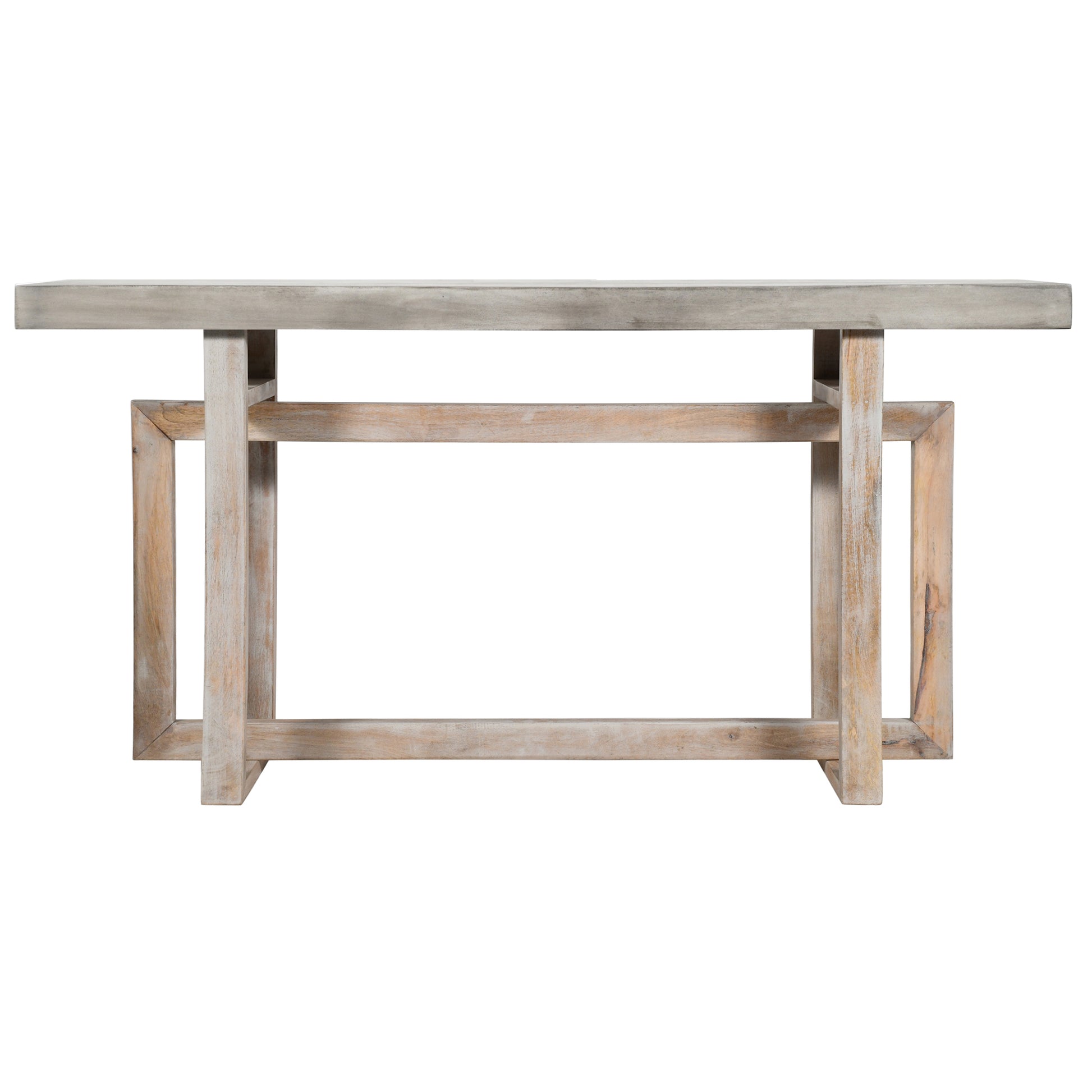 59 Inch Artisan Sideboard Console Table With Geometric Interlocked Base, Distressed Matte Gray Gray Solid Wood