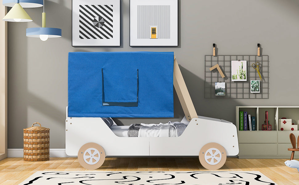 Full Size Car Shaped Bed With Tents,White Natural White Natural Plywood