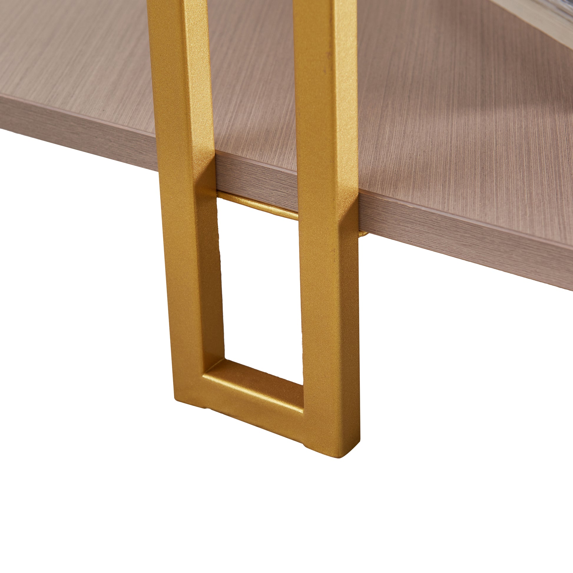 36 Inch Hexagonal Modern Coffee Table, Wood Top And Shelf, Gold Metal Legs Brown Gold Particle Board