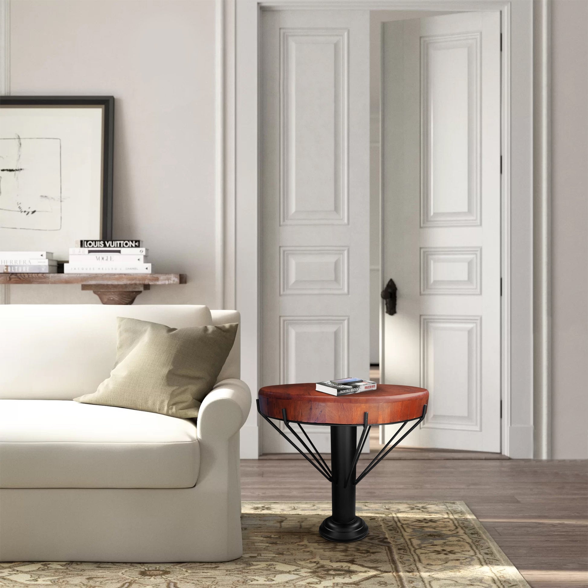 26 Inch Handcrafted Round Side End Table, Thick Mango Wood Top, Black Iron Pedestal Base Black Brown Metal & Wood