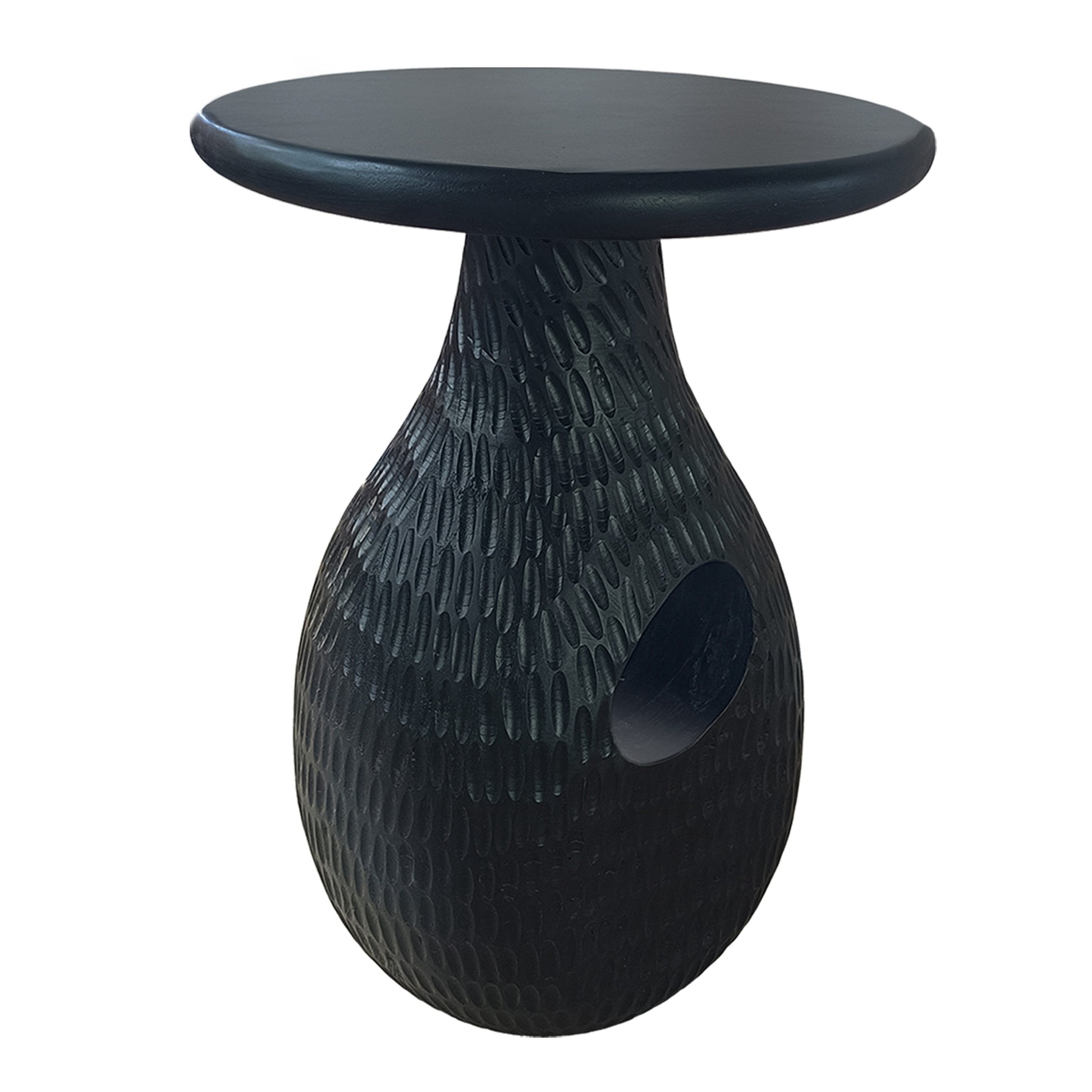 14 Inch Side End Table, Artisan Handcrafted Mango Wood, Embossed Teardrop Shaped Base, Black Black Solid Wood