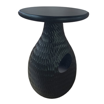 14 Inch Side End Table, Artisan Handcrafted Mango Wood, Embossed Teardrop Shaped Base, Black Black Solid Wood