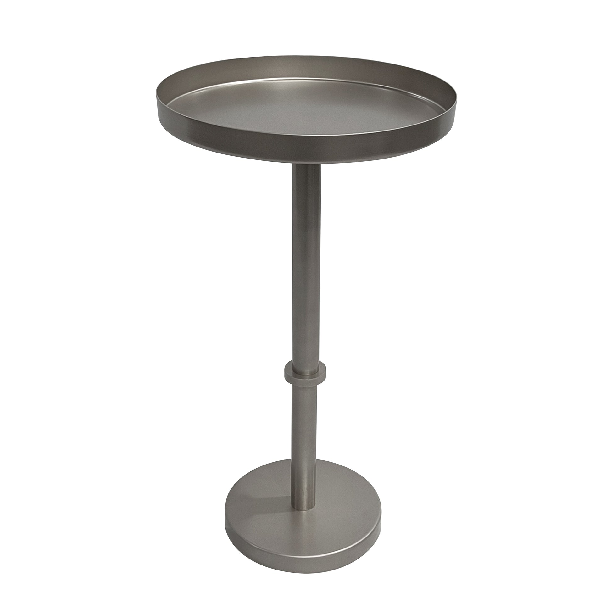 Ara 12 Inch Side End Table, Vintage Sleek Pillar Base, Round Tray Top, Matte Nickel Finish Antique Silver Iron