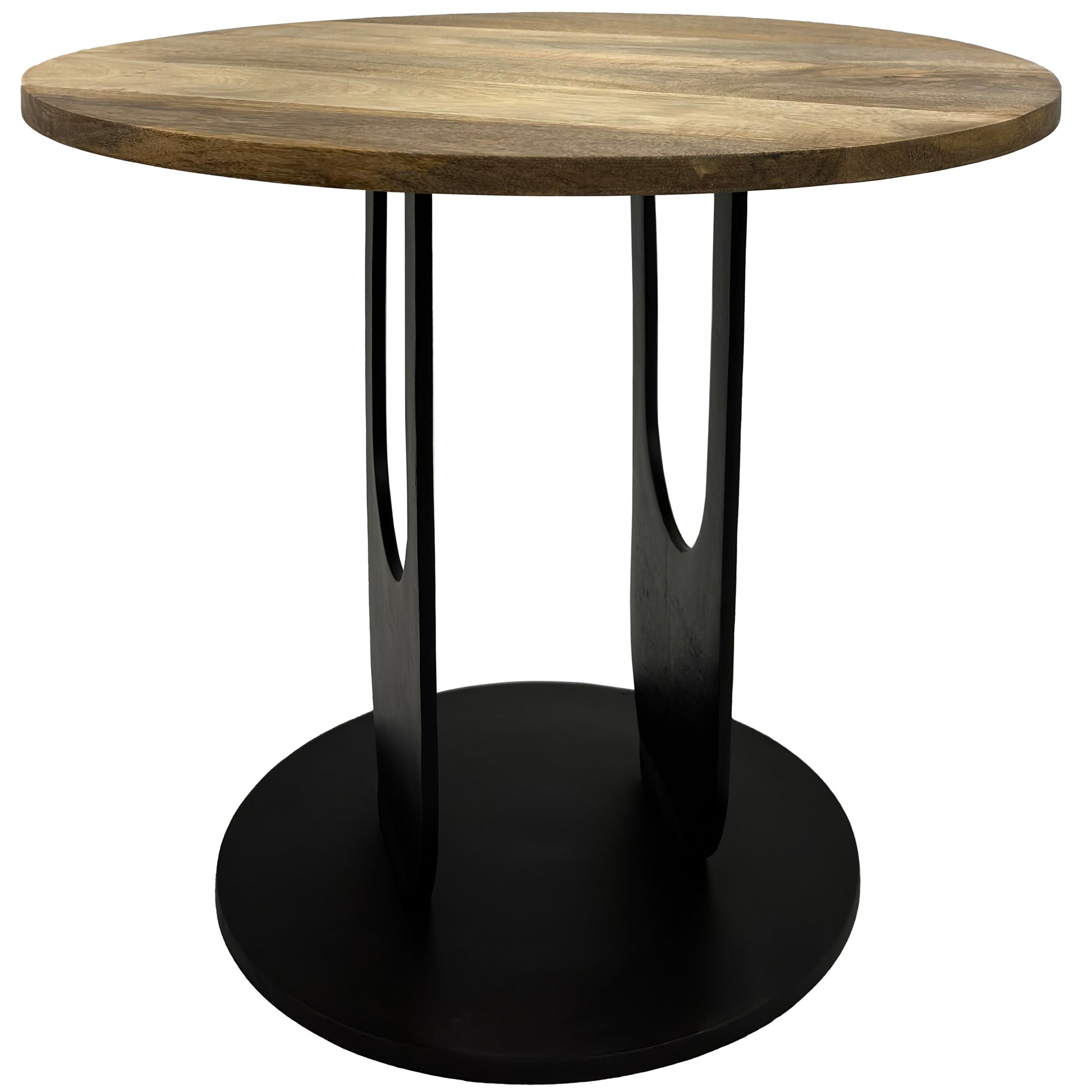 22 Inch Side End Table, Round Natural Mango Wood Top, Black Iron U Shaped Legs Black Brown Metal & Wood