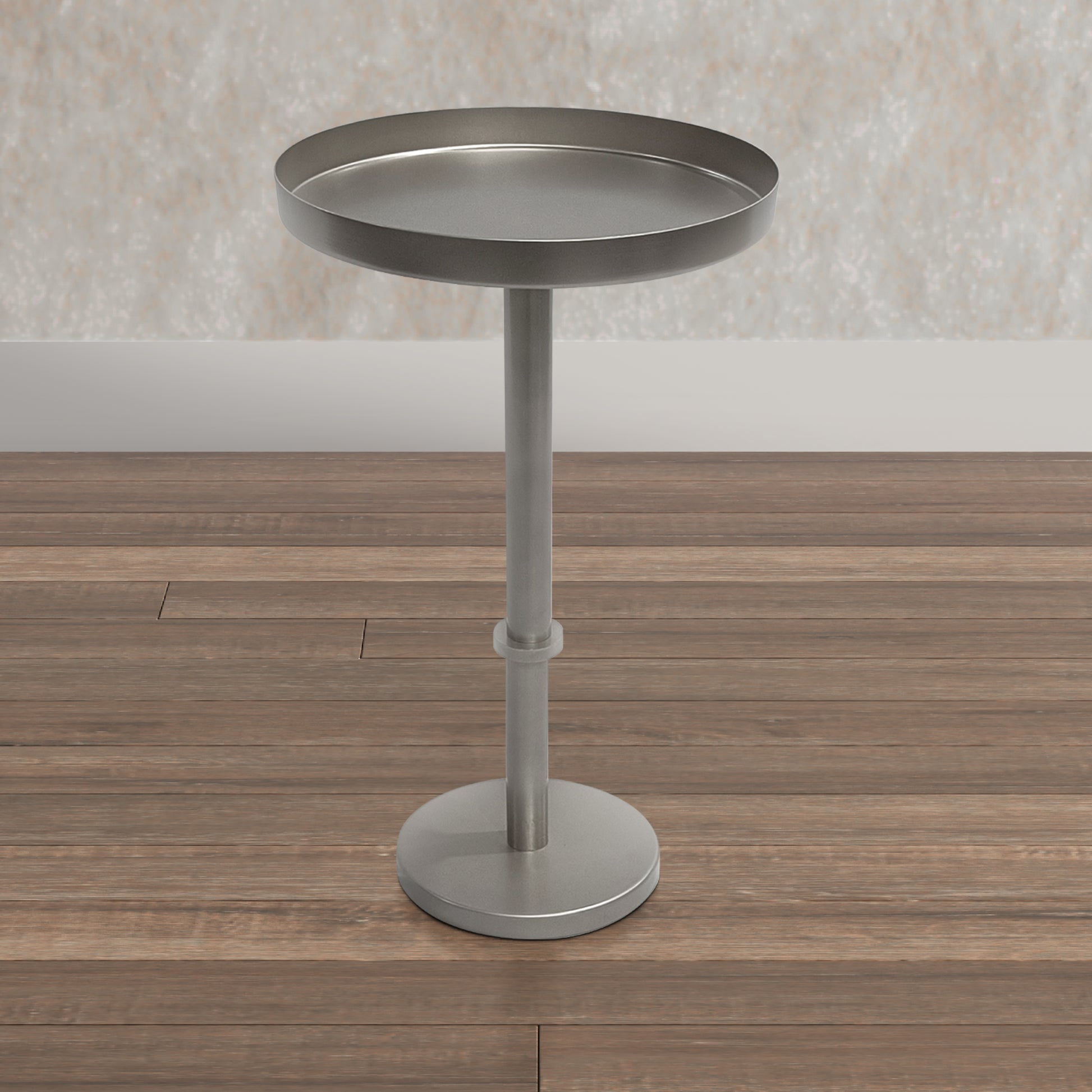 Ara 12 Inch Side End Table, Vintage Sleek Pillar Base, Round Tray Top, Matte Nickel Finish Antique Silver Iron