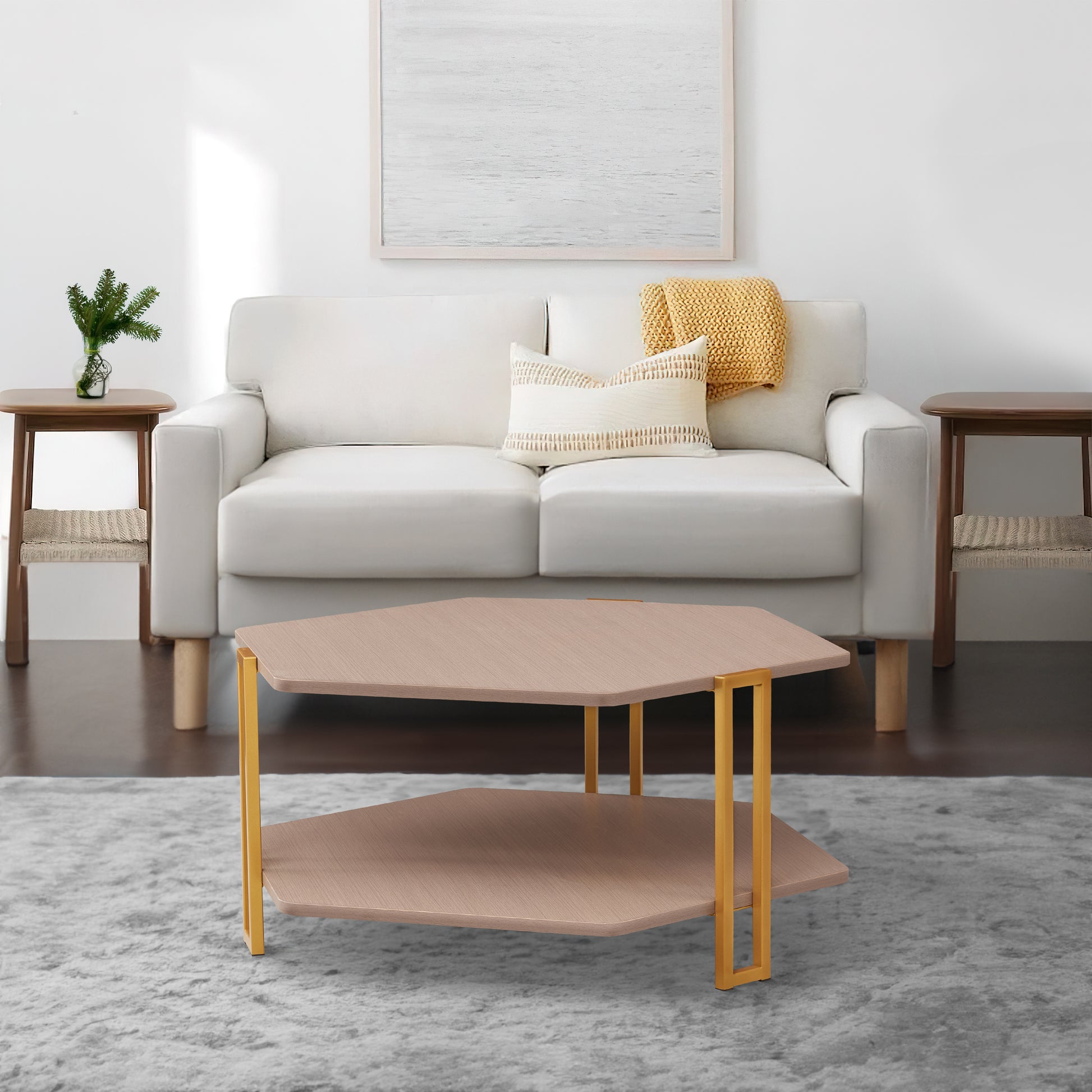 36 Inch Hexagonal Modern Coffee Table, Wood Top And Shelf, Gold Metal Legs Brown Gold Particle Board