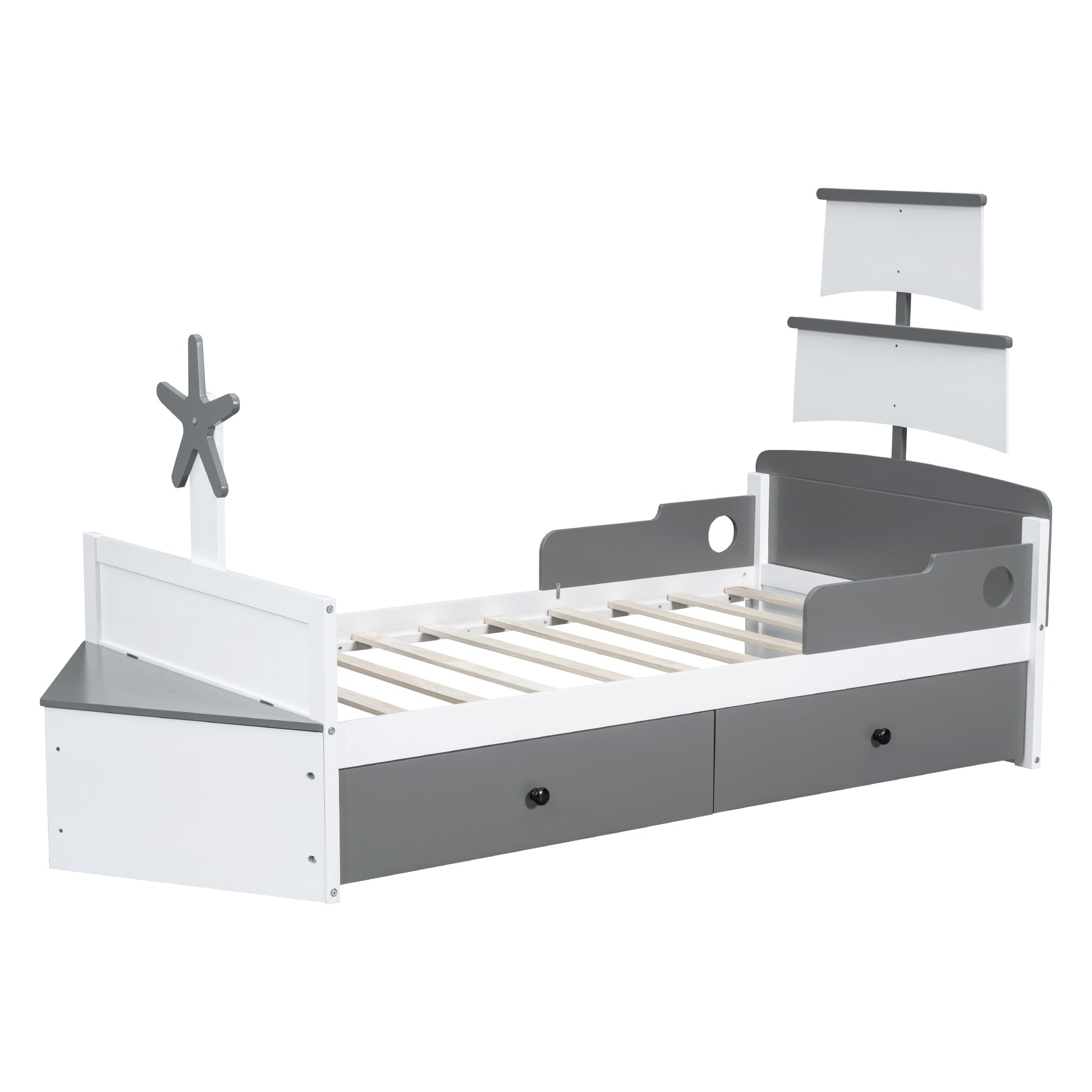 Twin Size Boat Shaped Platform Bed With 2 Drawers,Twin Bed With Storage For Bedroom,Gray Gray Wood
