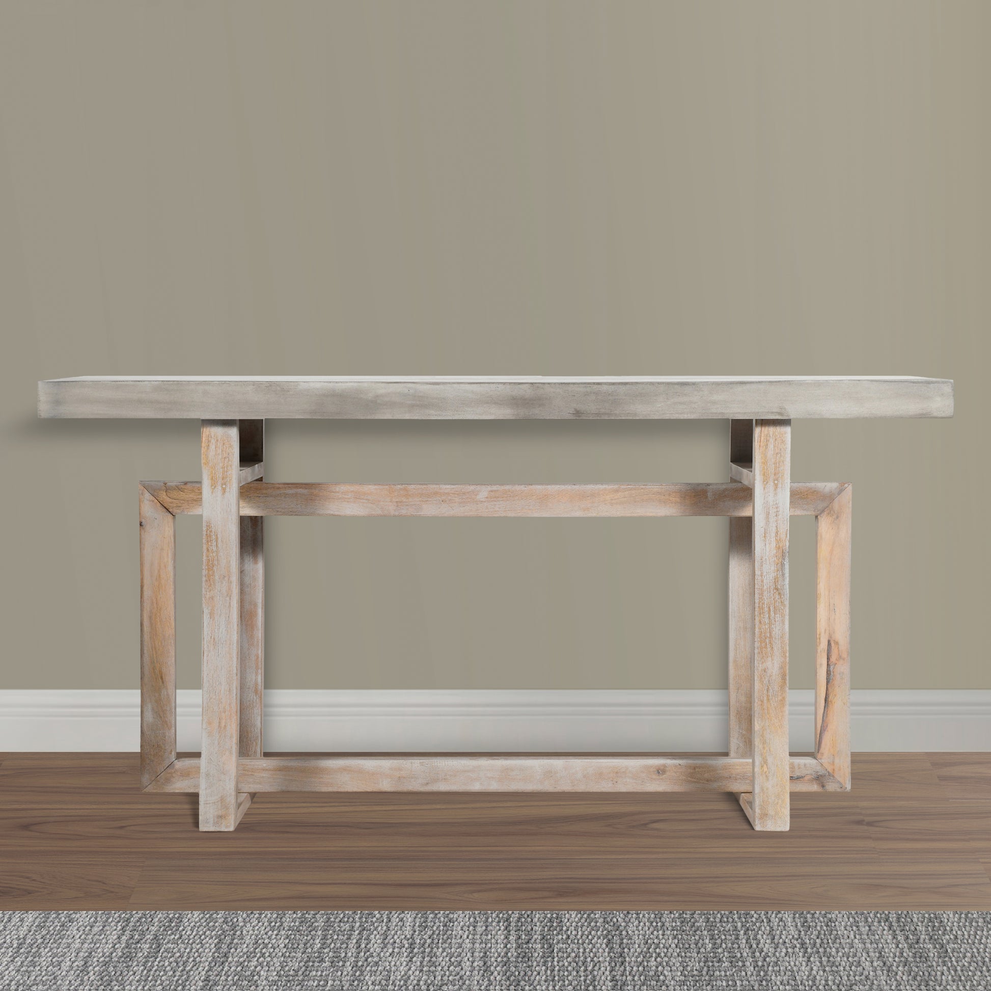 59 Inch Artisan Sideboard Console Table With Geometric Interlocked Base, Distressed Matte Gray Gray Solid Wood