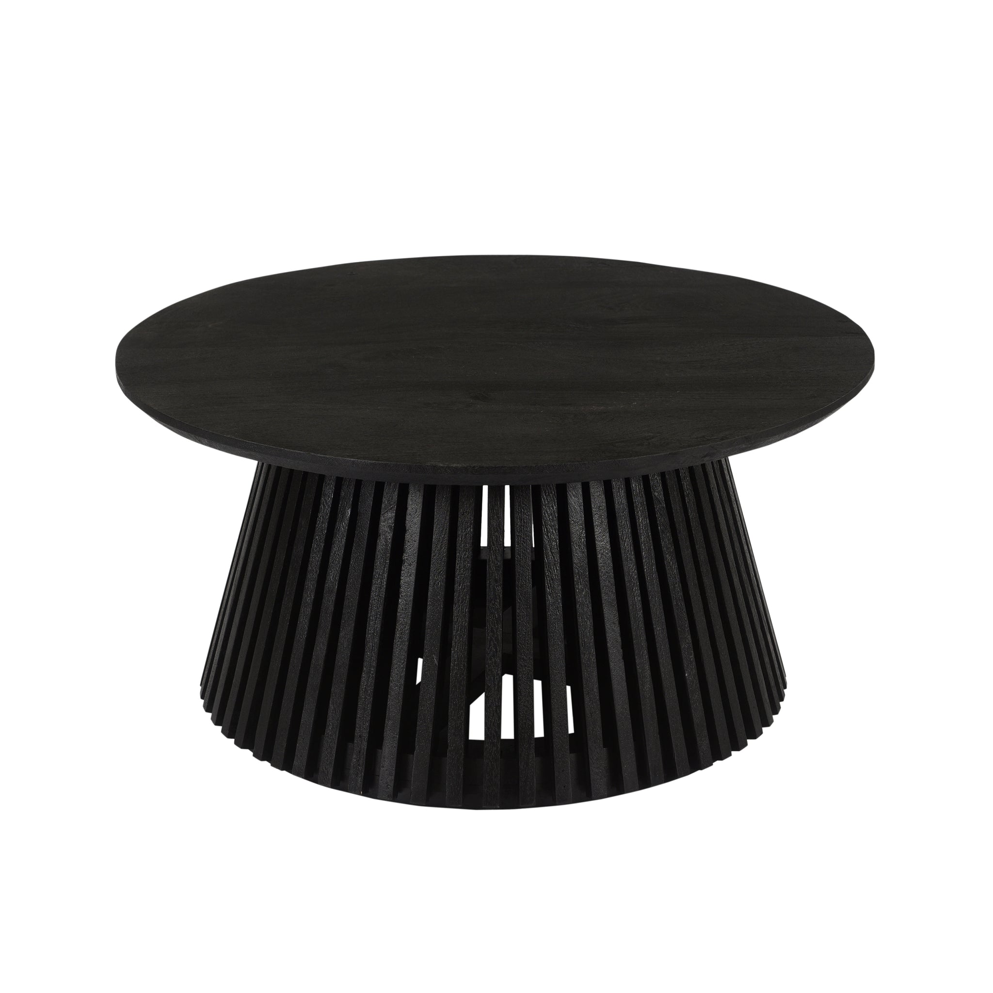 Ridge 32 Inch Handcrafted Round Coffee Table, Mango Wood, Slatted Flared Base, Black Black Solid Wood