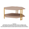 36 Inch Hexagonal Modern Coffee Table, Wood Top And Shelf, Gold Metal Legs Brown Gold Particle Board