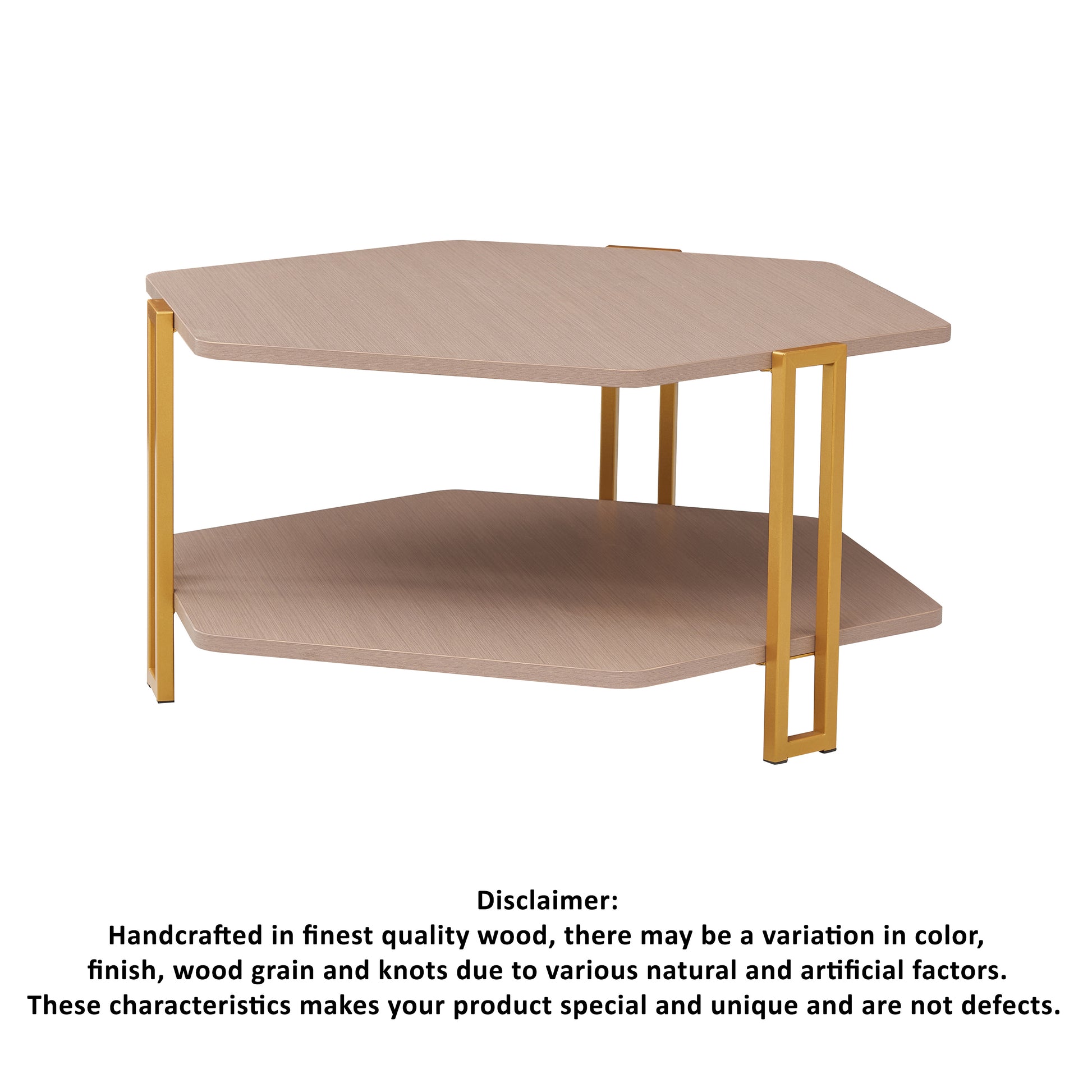 36 Inch Hexagonal Modern Coffee Table, Wood Top And Shelf, Gold Metal Legs Brown Gold Particle Board
