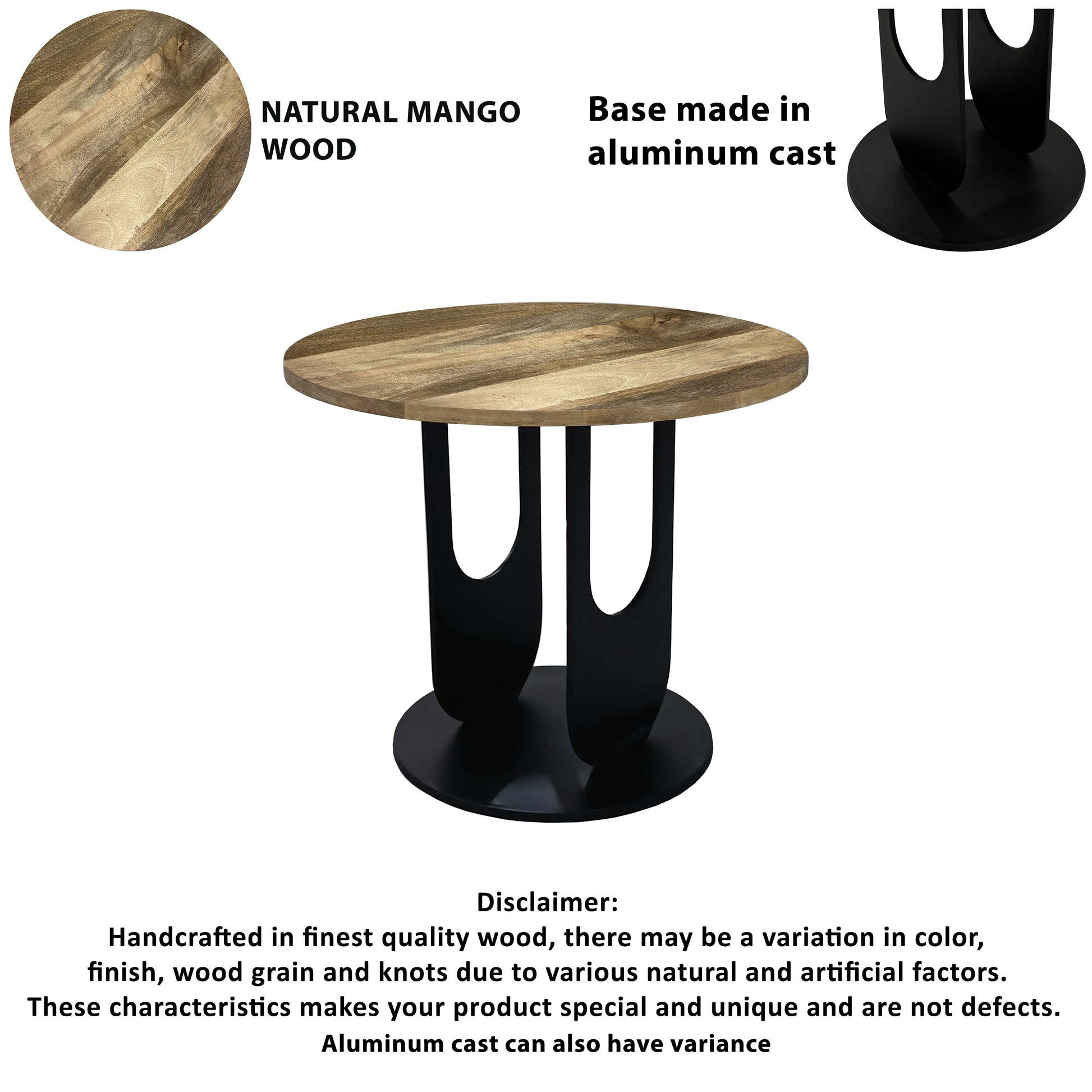 22 Inch Side End Table, Round Natural Mango Wood Top, Black Iron U Shaped Legs Black Brown Metal & Wood