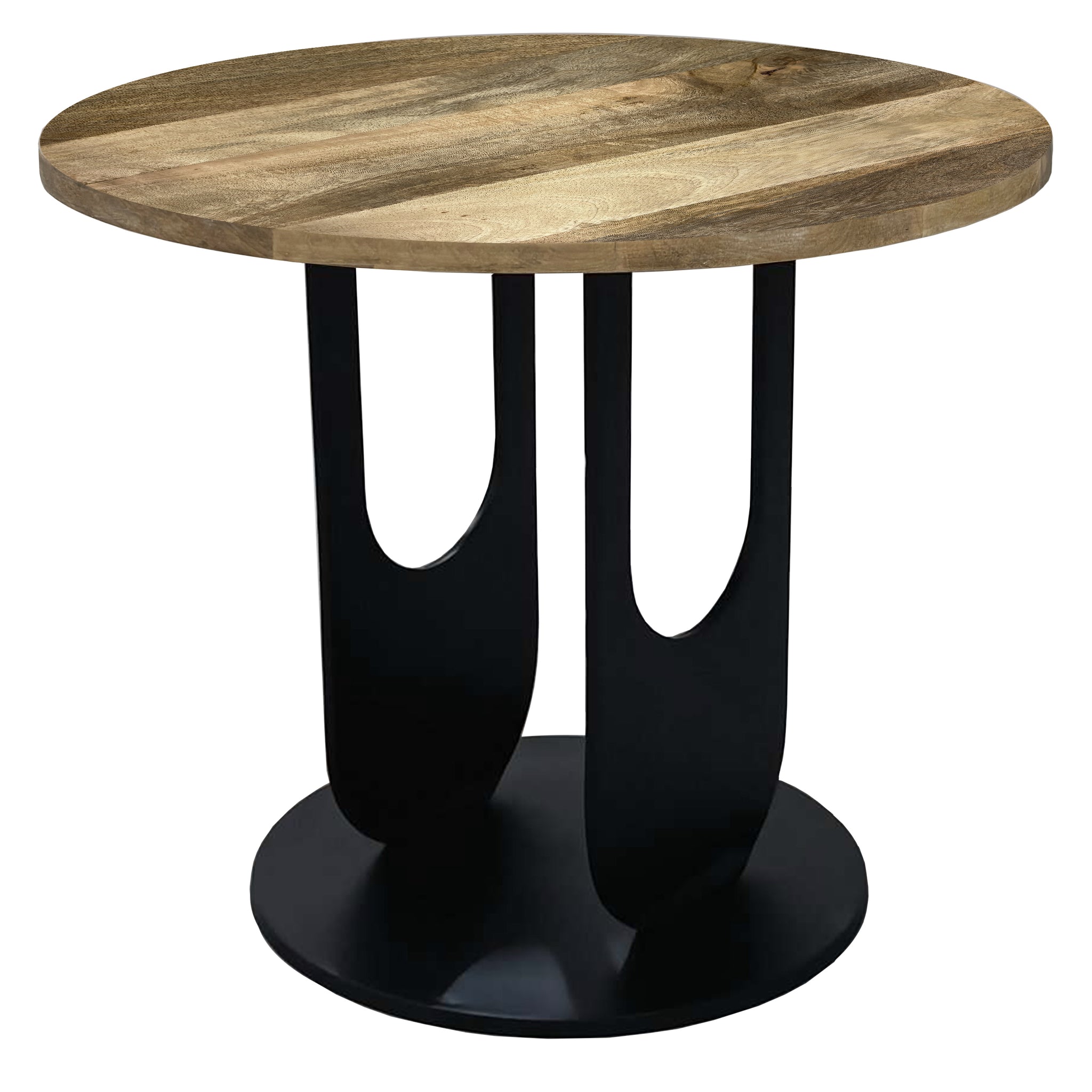 22 Inch Side End Table, Round Natural Mango Wood Top, Black Iron U Shaped Legs Black Brown Metal & Wood