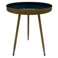 Enid 19 Inch Side End Table, Iron Brass Plating, Enamel Blue Top, Modern Sleek Angled Legs Blue Iron
