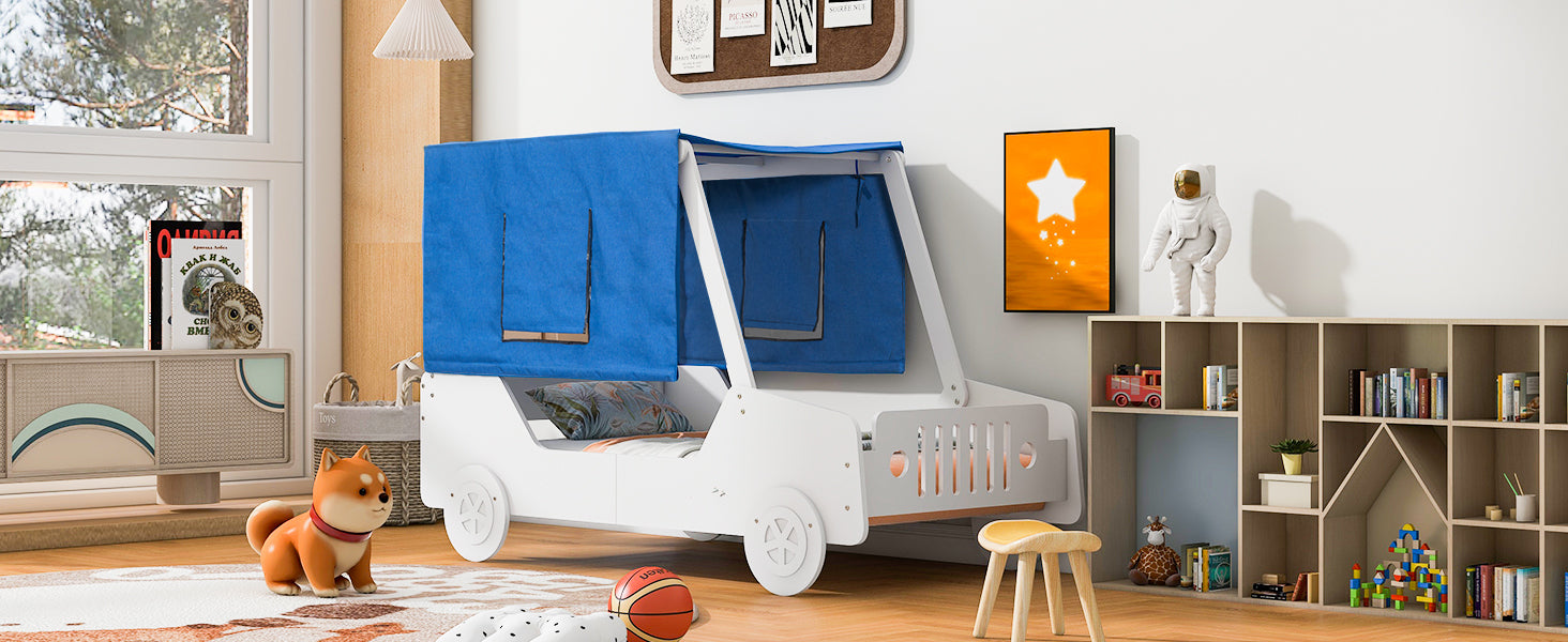 Twin Size Car Shaped Bed With Tents,White White Plywood