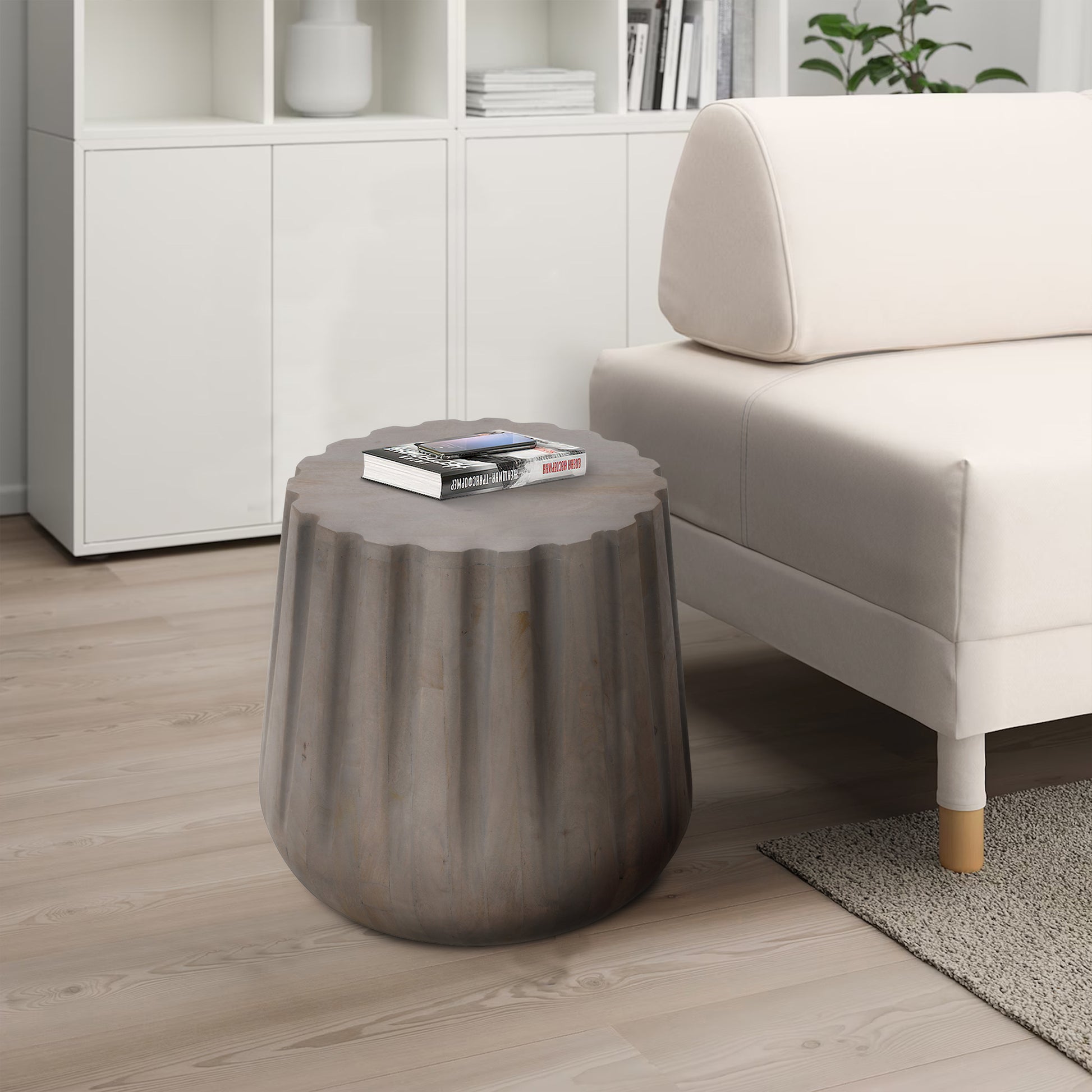 22 Inch Side End Table, Mango Wood Drum Shape With Handcrafted Grooved Edges, Gray Gray Solid Wood