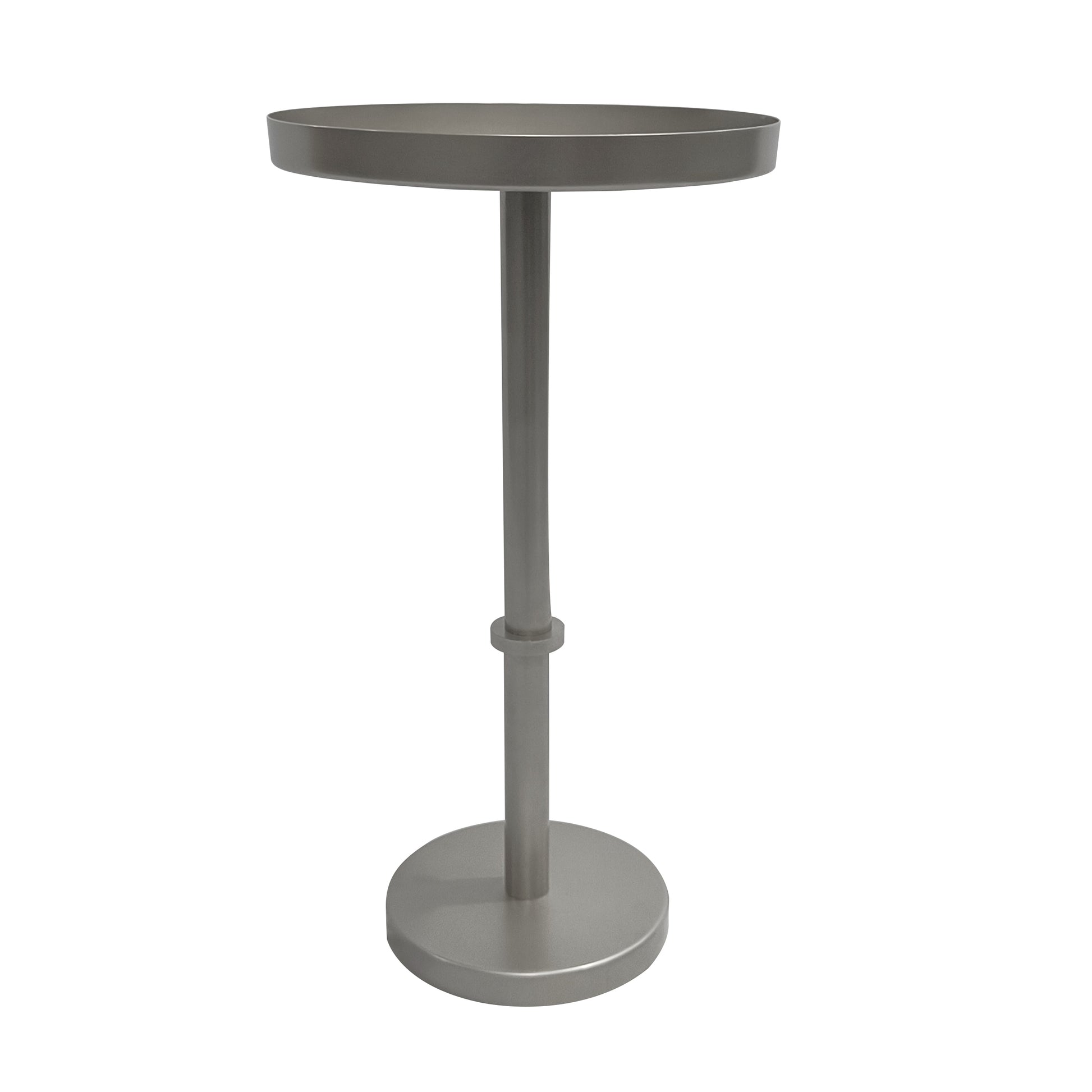 Ara 12 Inch Side End Table, Vintage Sleek Pillar Base, Round Tray Top, Matte Nickel Finish Antique Silver Iron