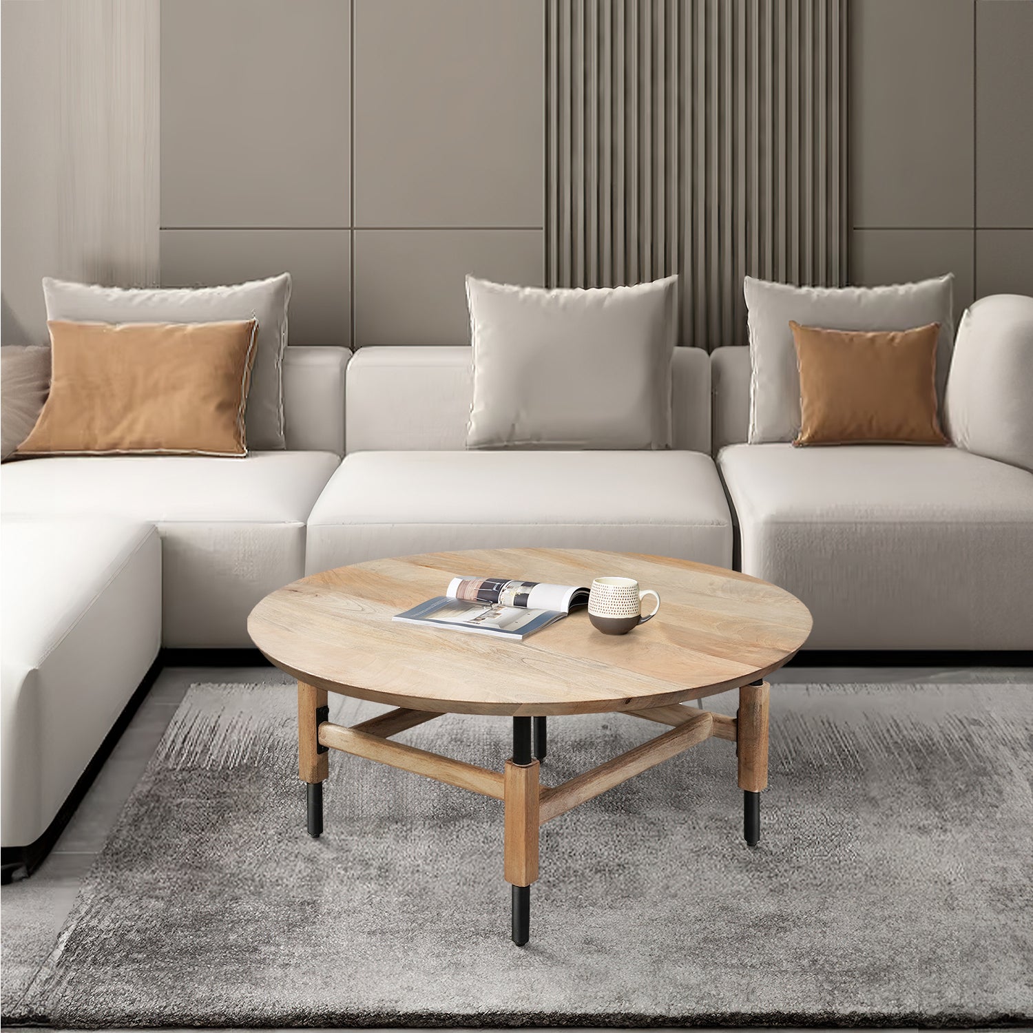 34 Inch Round Coffee Table, Handcrafted Natural Brown Mango Wood With Black Iron Legs Black Brown Metal & Wood