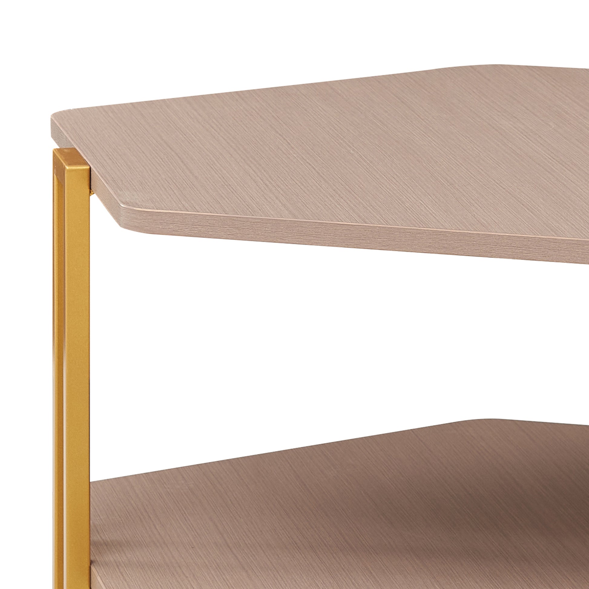 36 Inch Hexagonal Modern Coffee Table, Wood Top And Shelf, Gold Metal Legs Brown Gold Particle Board