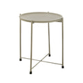 18 Inch Modern Side End Table, Round Metal Tray Top, Foldable Legs, Beige Beige Iron
