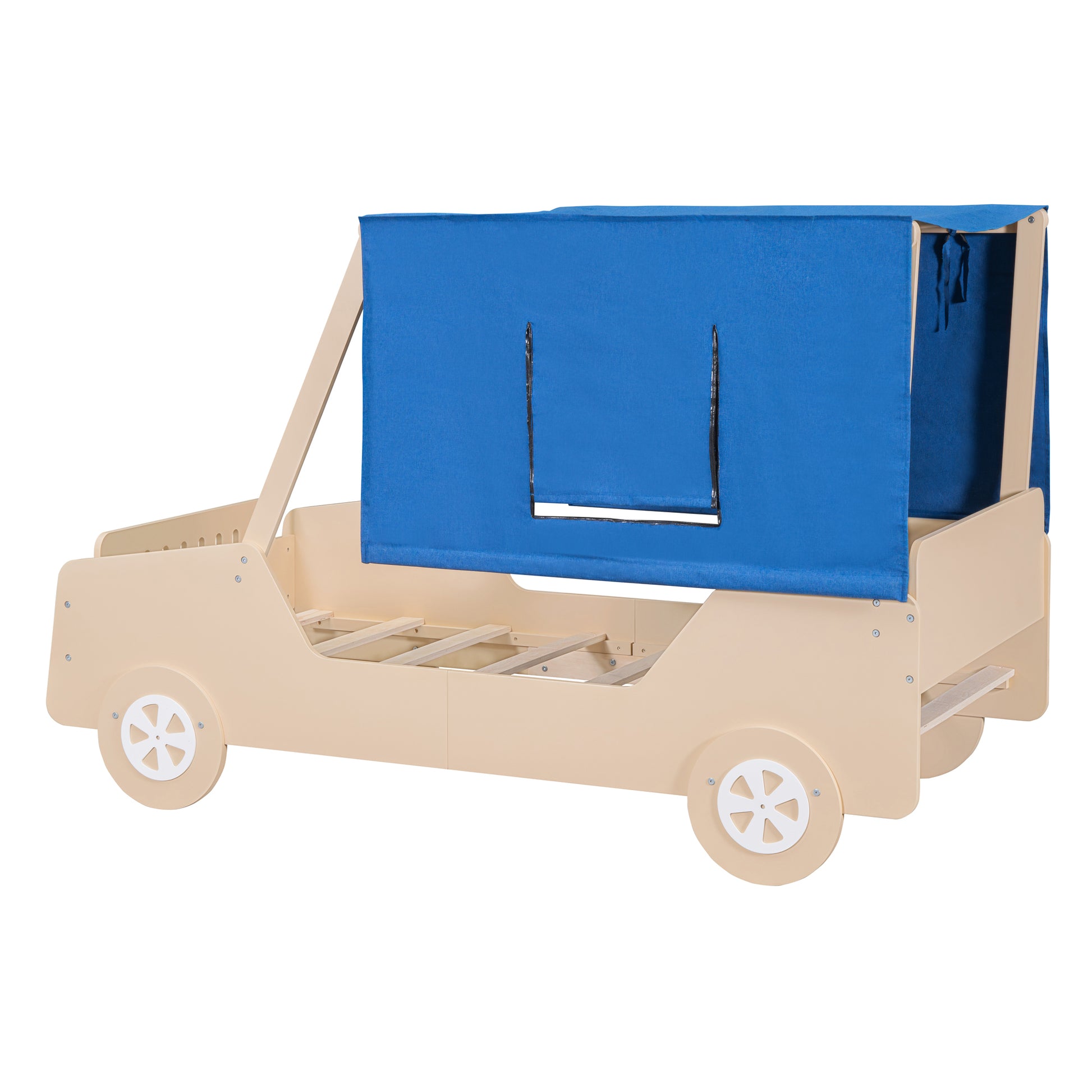 Twin Size Car Shaped Bed With Tents,Natural Natural Plywood