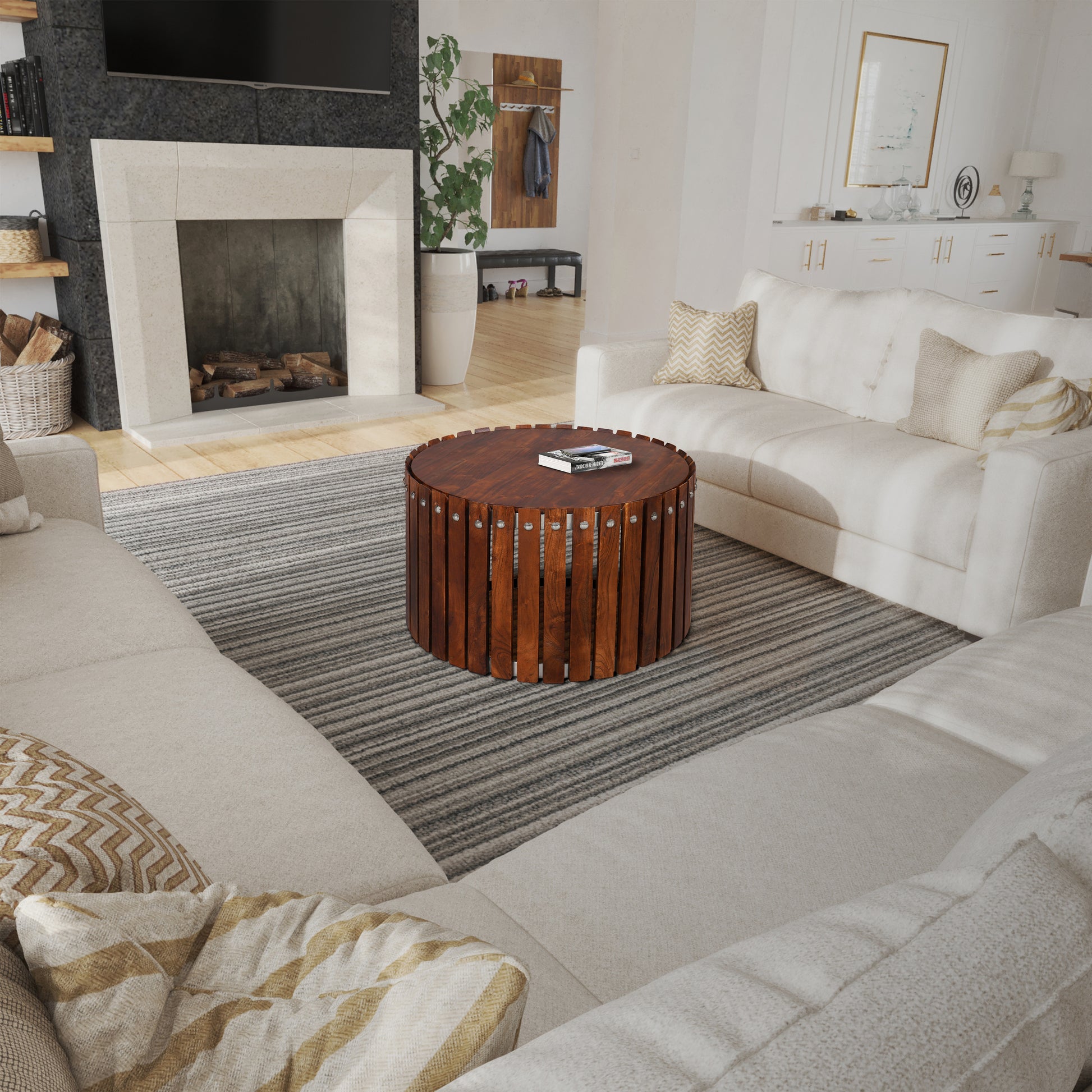 Myla 31 Inch Handcrafted Round Coffee Table With Vertical Planks, Iron Rivets, Dark Walnut Brown Acacia Wood Brown Metal & Wood