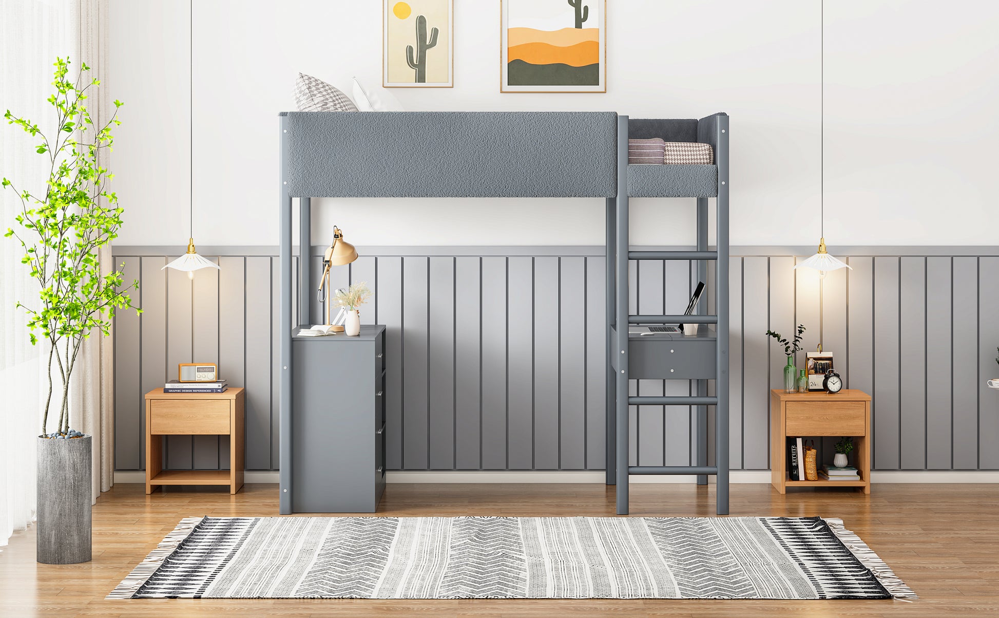 Twin Size Teddy Fleeceloft Bed Wood Bed, Gray Gray Fleece