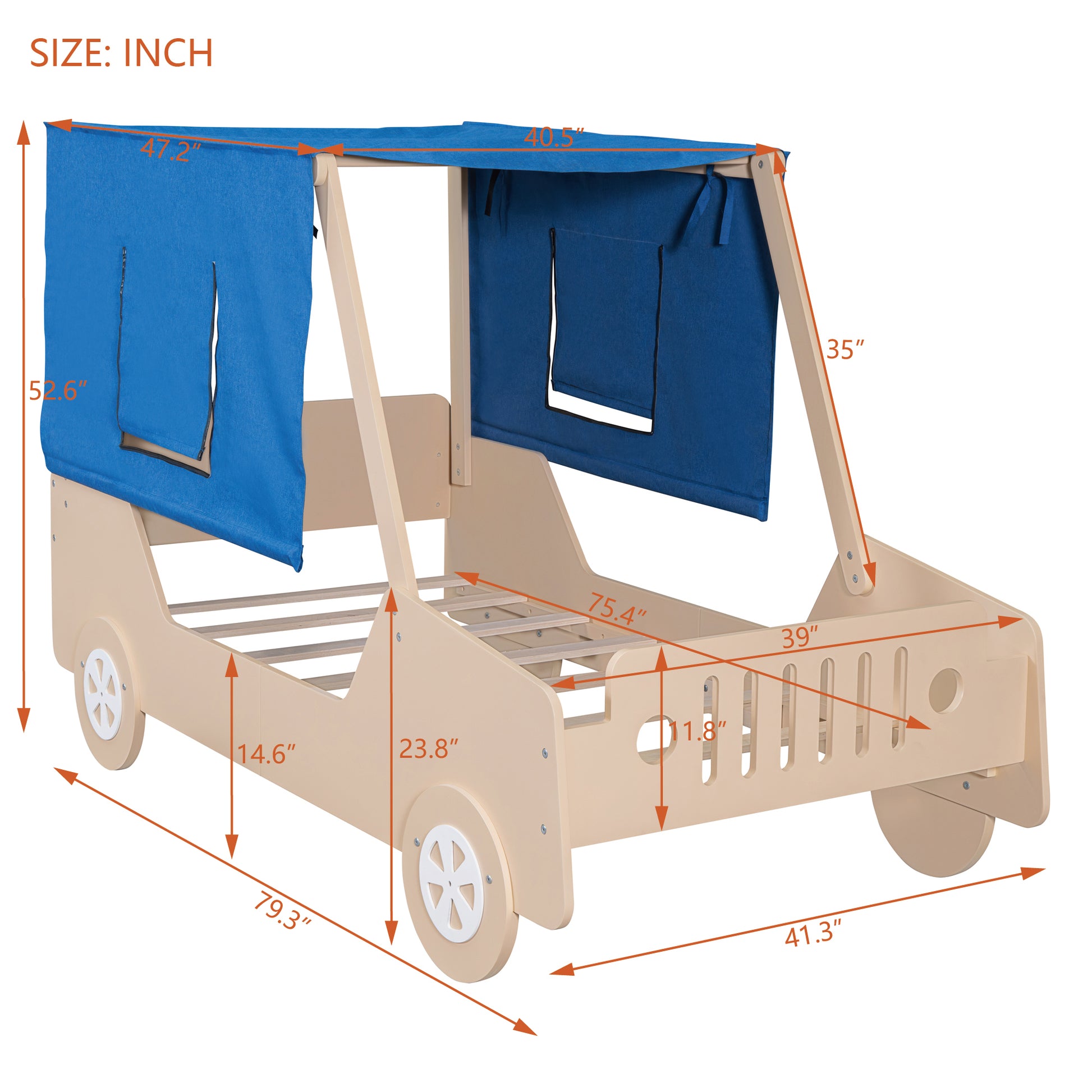 Twin Size Car Shaped Bed With Tents,Natural Natural Plywood