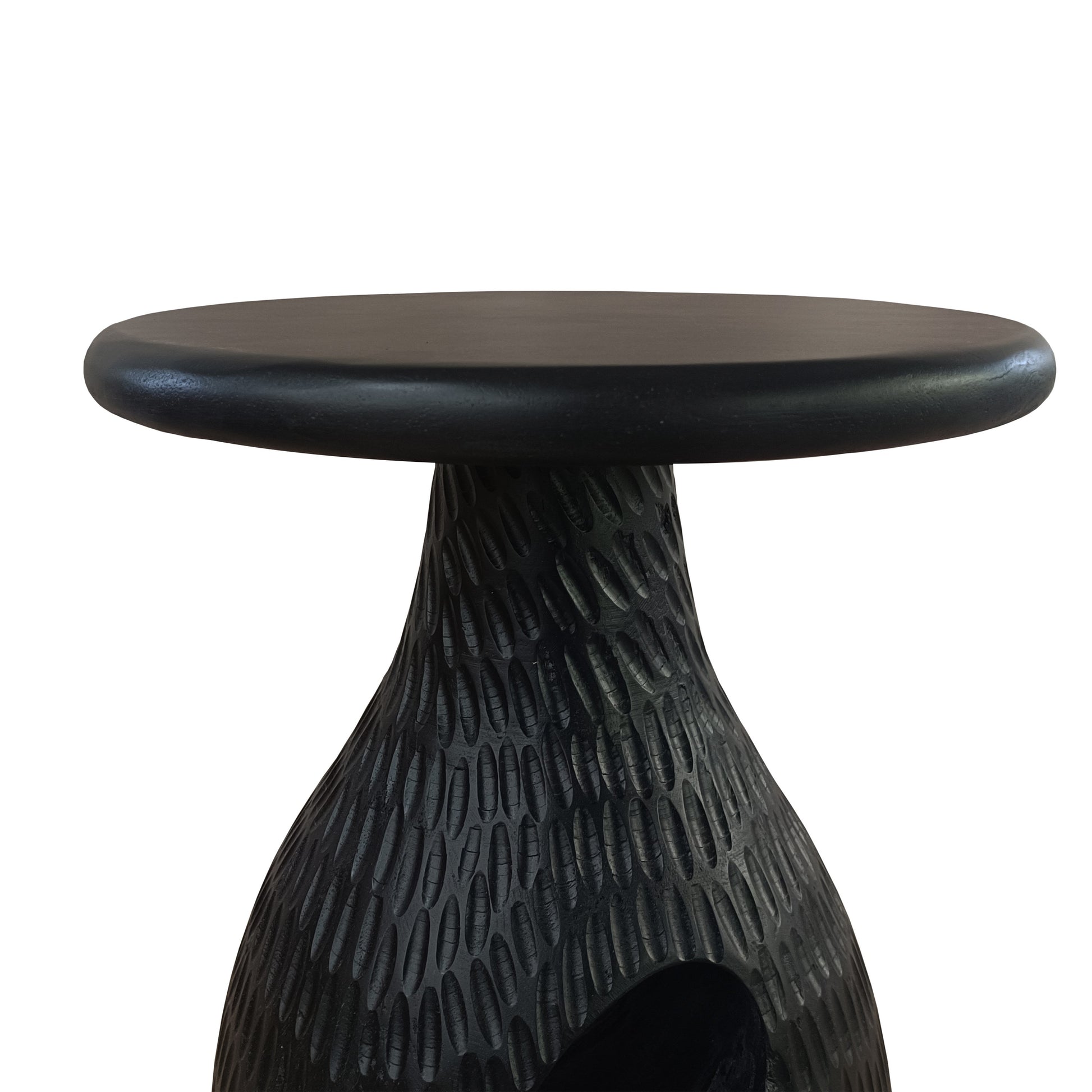 14 Inch Side End Table, Artisan Handcrafted Mango Wood, Embossed Teardrop Shaped Base, Black Black Solid Wood