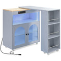 K&K Rolling Kitchen Island With Extended Table, Kitchen Island On Wheels With Led Lights,Power Outlets And 2 Fluted Glass Doors, Kitchen Island With A Storage Compartment And Side 3 Open Shelves, Grey Grey Blue Kitchen Classic,European,Modern Rectangular