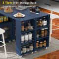 K&K Rolling Kitchen Island With Extended Table, Kitchen Island On Wheels With Led Lights,Power Outlets And 2 Fluted Glass Doors, Kitchen Island With A Storage Compartment And Side 3 Open Shelves, Navy Navy Blue Kitchen Classic,European,Modern Rectangular