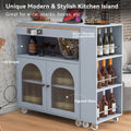 K&K Rolling Kitchen Island With Extended Table, Kitchen Island On Wheels With Led Lights,Power Outlets And 2 Fluted Glass Doors, Kitchen Island With A Storage Compartment And Side 3 Open Shelves, Grey Grey Blue Kitchen Classic,European,Modern Rectangular