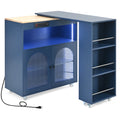 K&K Rolling Kitchen Island With Extended Table, Kitchen Island On Wheels With Led Lights,Power Outlets And 2 Fluted Glass Doors, Kitchen Island With A Storage Compartment And Side 3 Open Shelves, Navy Navy Blue Kitchen Classic,European,Modern Rectangular