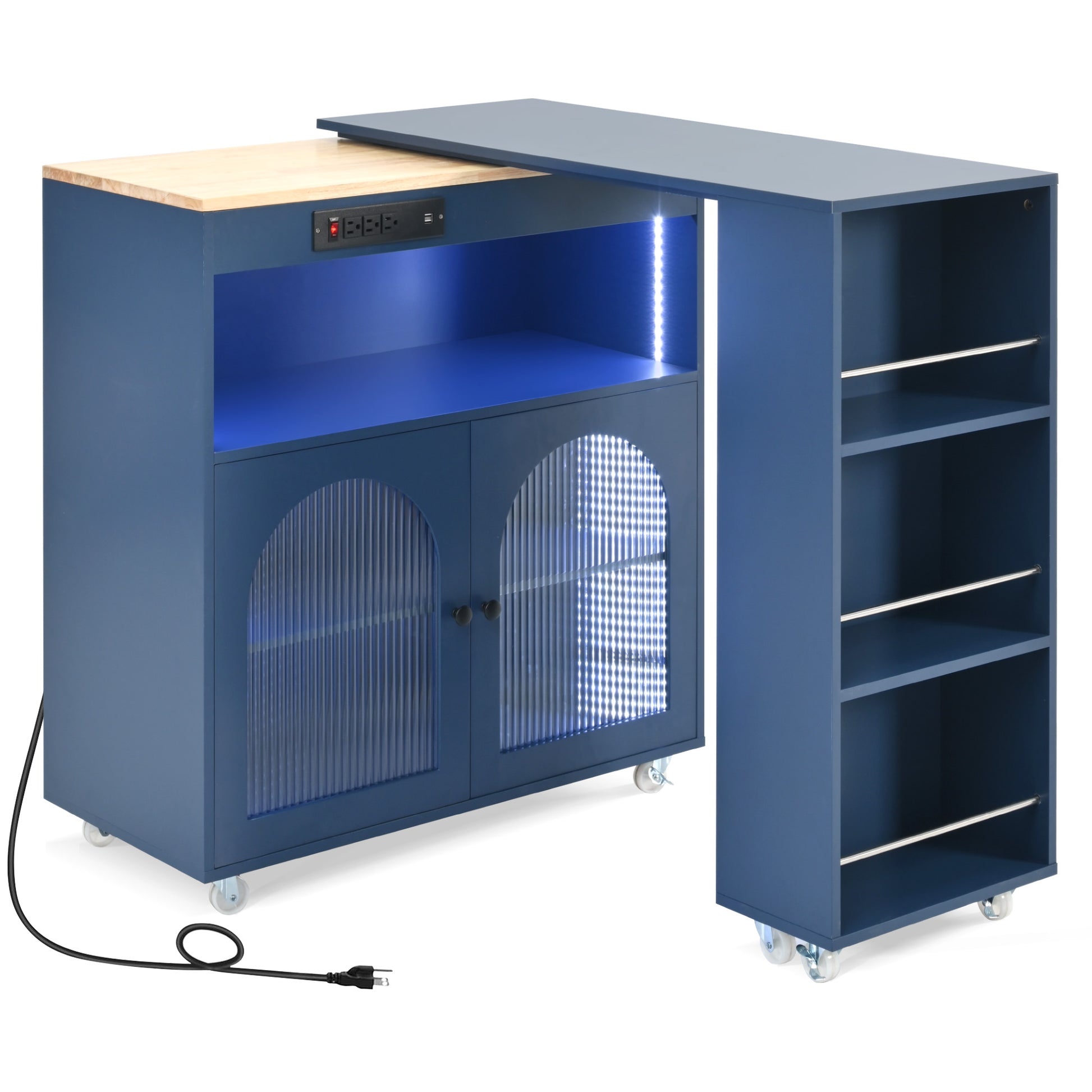 K&K Rolling Kitchen Island With Extended Table, Kitchen Island On Wheels With Led Lights,Power Outlets And 2 Fluted Glass Doors, Kitchen Island With A Storage Compartment And Side 3 Open Shelves, Navy Navy Blue Kitchen Classic,European,Modern Rectangular