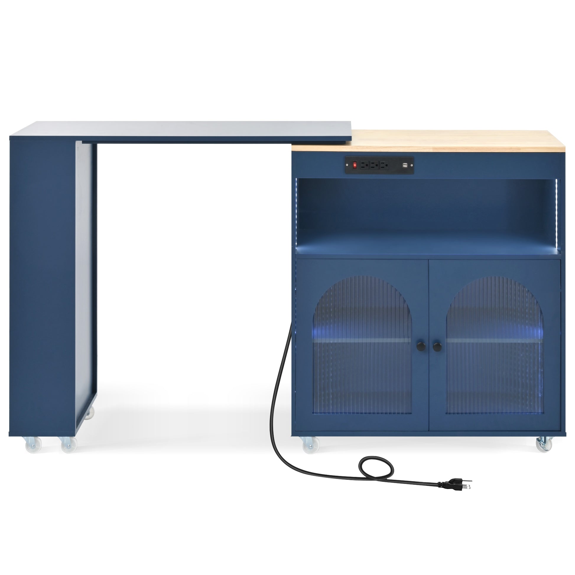 K&K Rolling Kitchen Island With Extended Table, Kitchen Island On Wheels With Led Lights,Power Outlets And 2 Fluted Glass Doors, Kitchen Island With A Storage Compartment And Side 3 Open Shelves, Navy Navy Blue Kitchen Classic,European,Modern Rectangular
