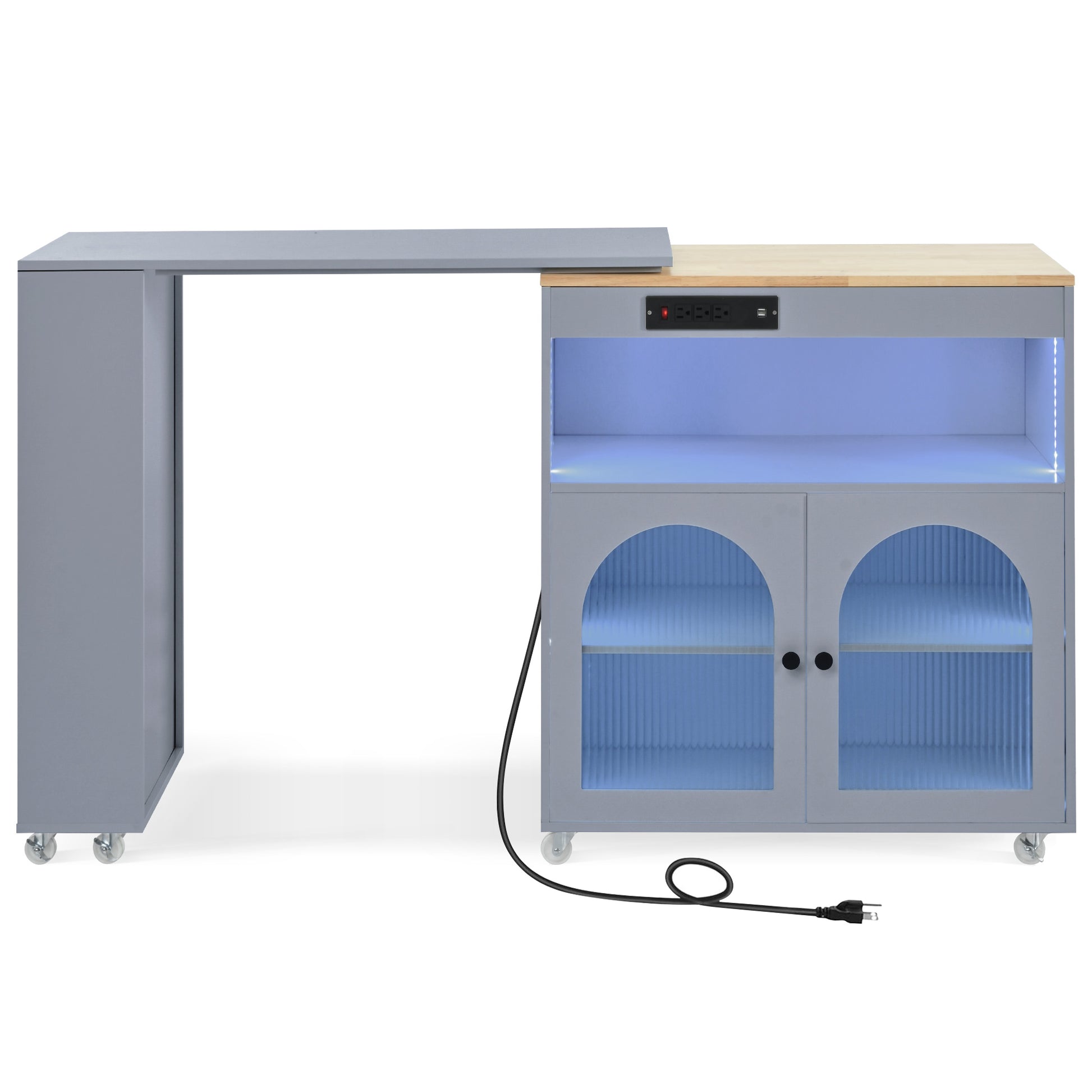 K&K Rolling Kitchen Island With Extended Table, Kitchen Island On Wheels With Led Lights,Power Outlets And 2 Fluted Glass Doors, Kitchen Island With A Storage Compartment And Side 3 Open Shelves, Grey Grey Blue Kitchen Classic,European,Modern Rectangular