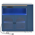 K&K Rolling Kitchen Island With Extended Table, Kitchen Island On Wheels With Led Lights,Power Outlets And 2 Fluted Glass Doors, Kitchen Island With A Storage Compartment And Side 3 Open Shelves, Navy Navy Blue Kitchen Classic,European,Modern Rectangular