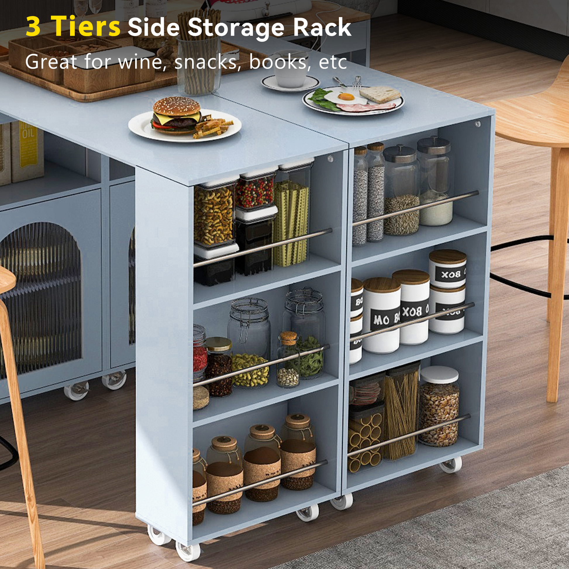 K&K Rolling Kitchen Island With Extended Table, Kitchen Island On Wheels With Led Lights,Power Outlets And 2 Fluted Glass Doors, Kitchen Island With A Storage Compartment And Side 3 Open Shelves, Grey Grey Blue Kitchen Classic,European,Modern Rectangular