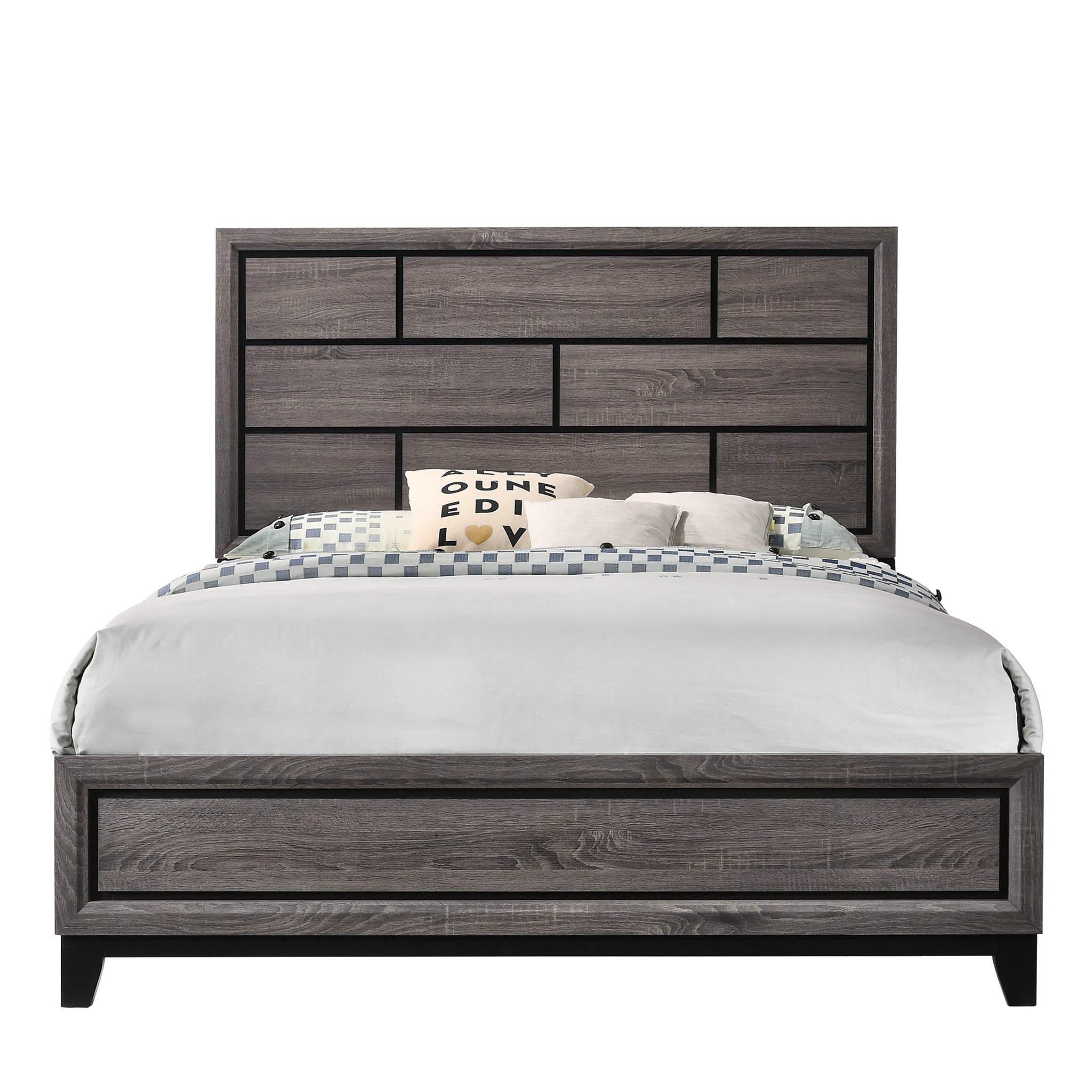 Cotemporary Gray Finish Full Size Panel Low Profile Bed Geometric Design Wooden Bedroom Furniture Brown Gray Wood