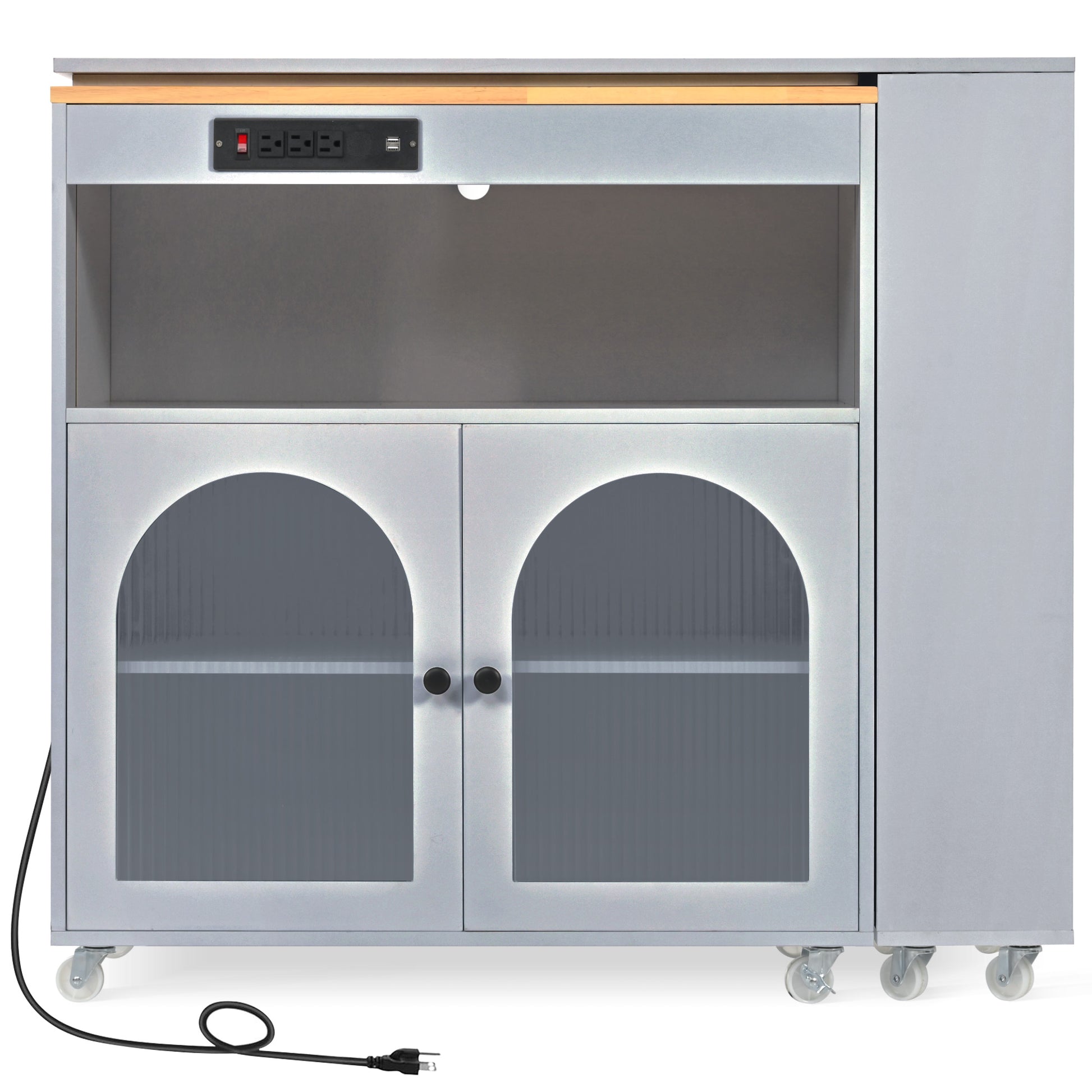 K&K Rolling Kitchen Island With Extended Table, Kitchen Island On Wheels With Led Lights,Power Outlets And 2 Fluted Glass Doors, Kitchen Island With A Storage Compartment And Side 3 Open Shelves, Grey Grey Blue Kitchen Classic,European,Modern Rectangular