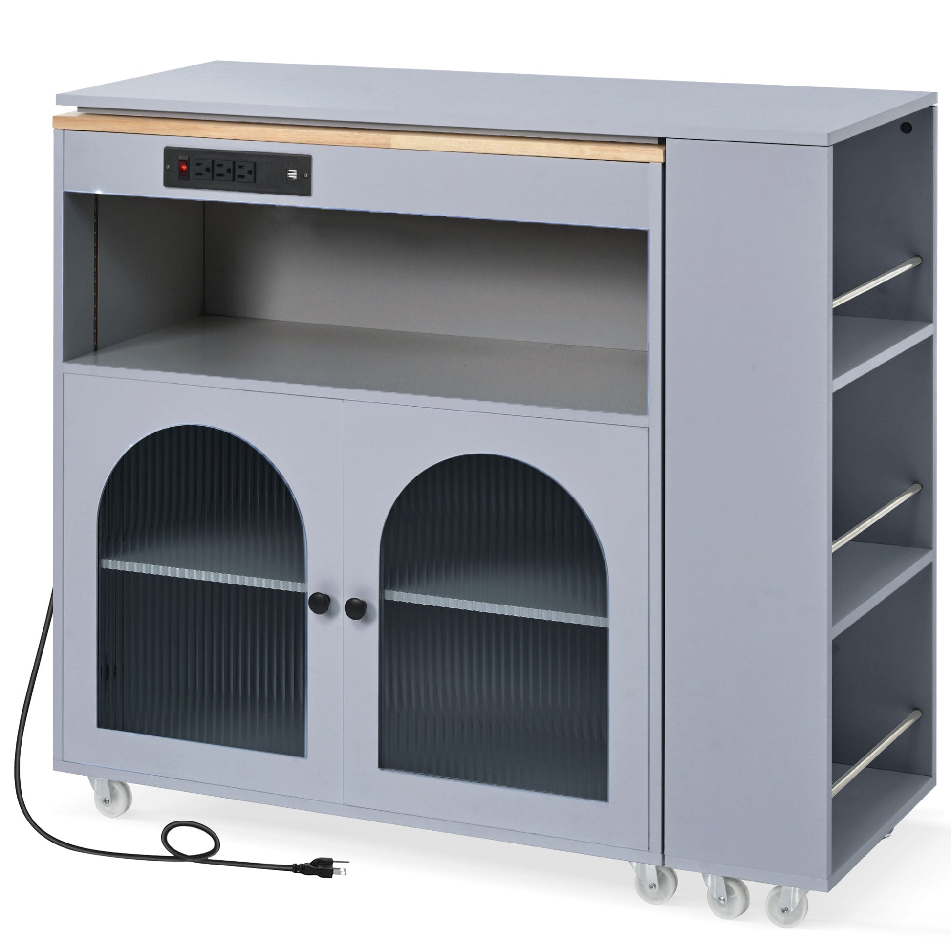 K&K Rolling Kitchen Island With Extended Table, Kitchen Island On Wheels With Led Lights,Power Outlets And 2 Fluted Glass Doors, Kitchen Island With A Storage Compartment And Side 3 Open Shelves, Grey Grey Blue Kitchen Classic,European,Modern Rectangular