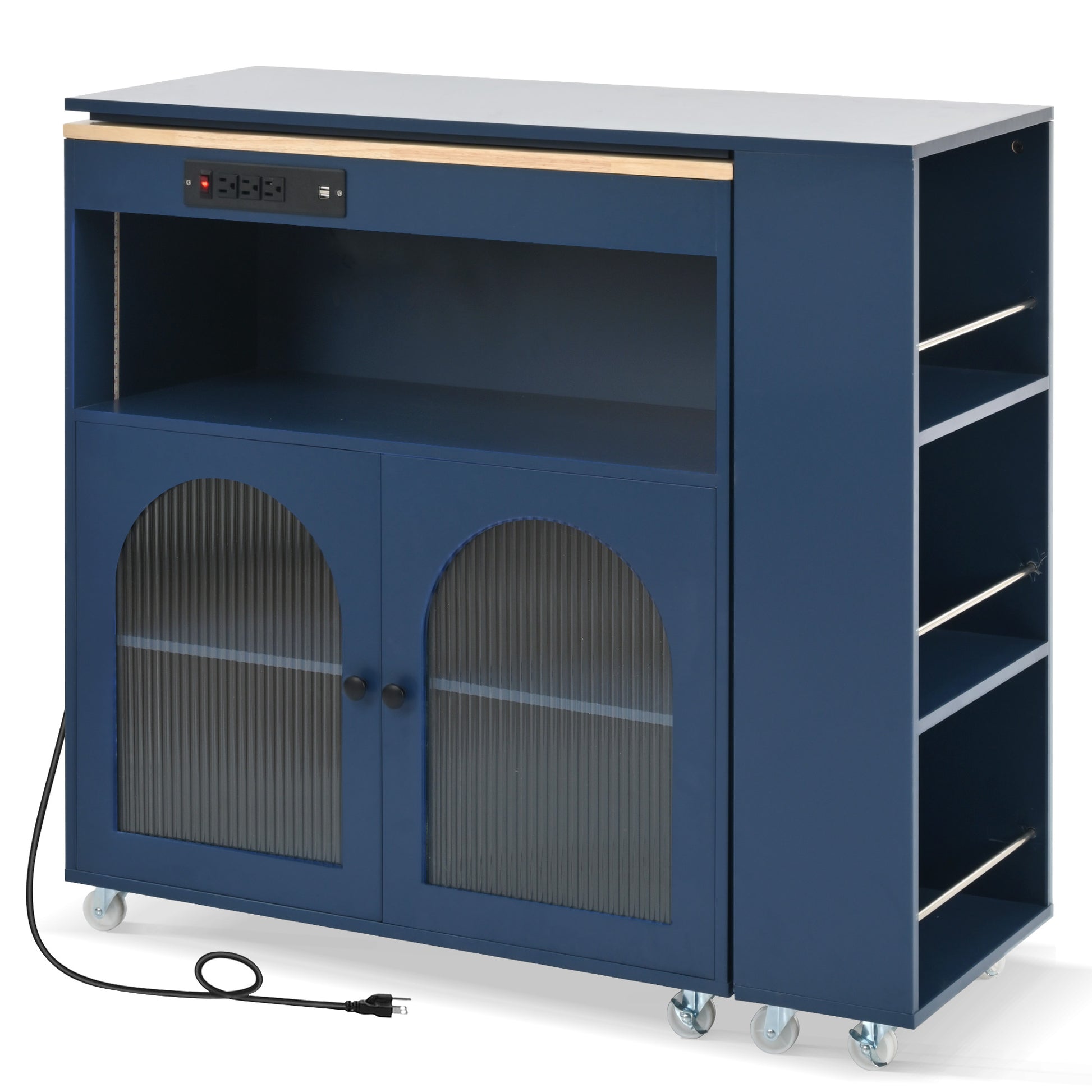 K&K Rolling Kitchen Island With Extended Table, Kitchen Island On Wheels With Led Lights,Power Outlets And 2 Fluted Glass Doors, Kitchen Island With A Storage Compartment And Side 3 Open Shelves, Navy Navy Blue Kitchen Classic,European,Modern Rectangular