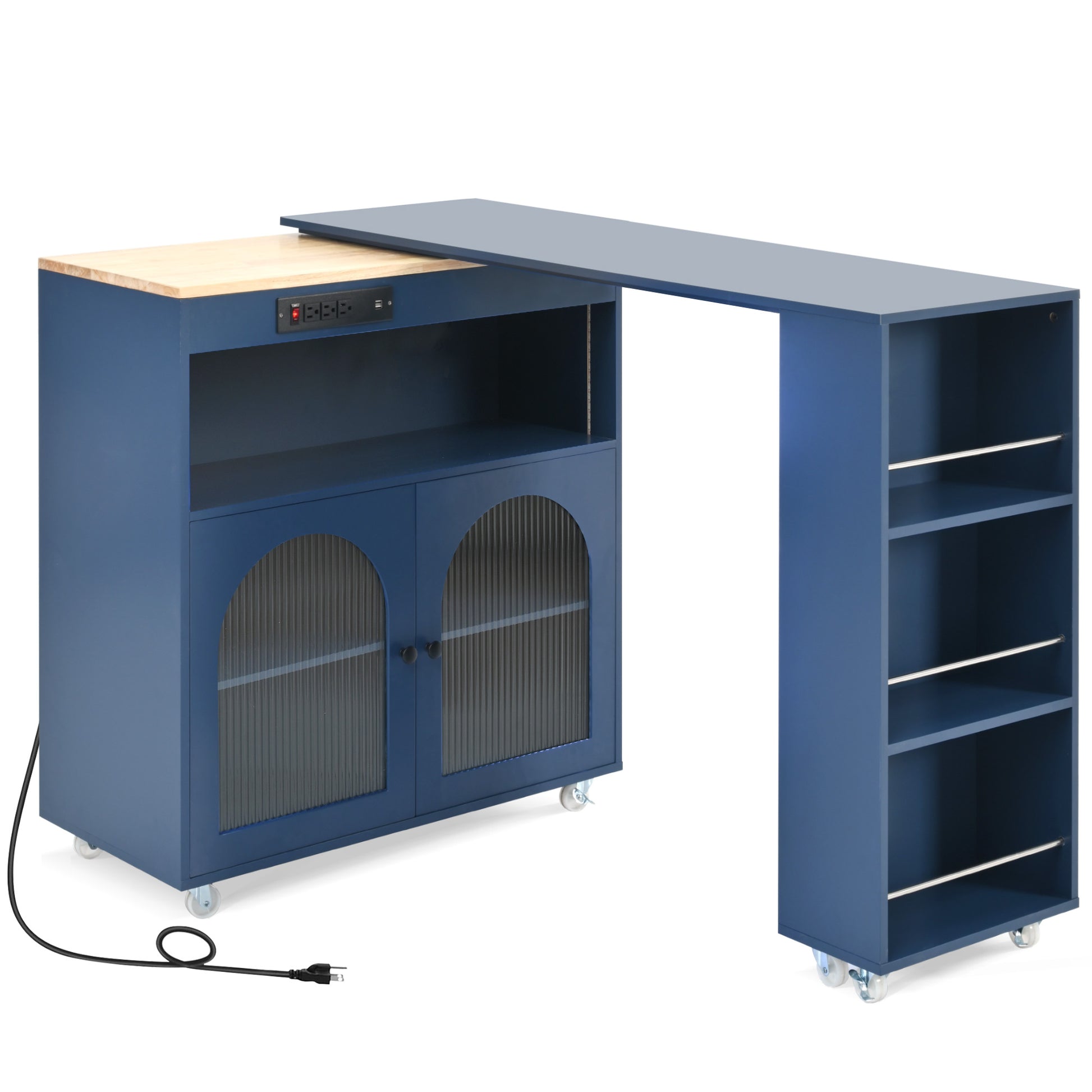 K&K Rolling Kitchen Island With Extended Table, Kitchen Island On Wheels With Led Lights,Power Outlets And 2 Fluted Glass Doors, Kitchen Island With A Storage Compartment And Side 3 Open Shelves, Navy Navy Blue Kitchen Classic,European,Modern Rectangular