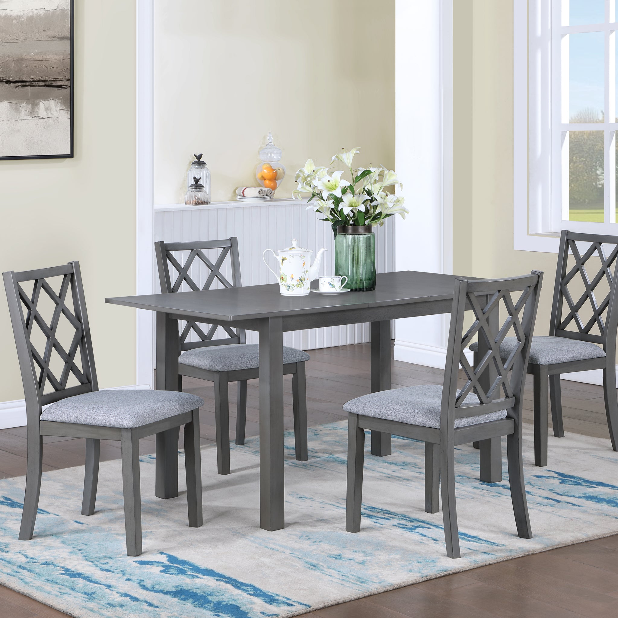 Carlisle 5 Piece 59.5" Gray Finish Extendable Wood Dining Set With Upholstered Seat Cushion Gray Wood Fabric
