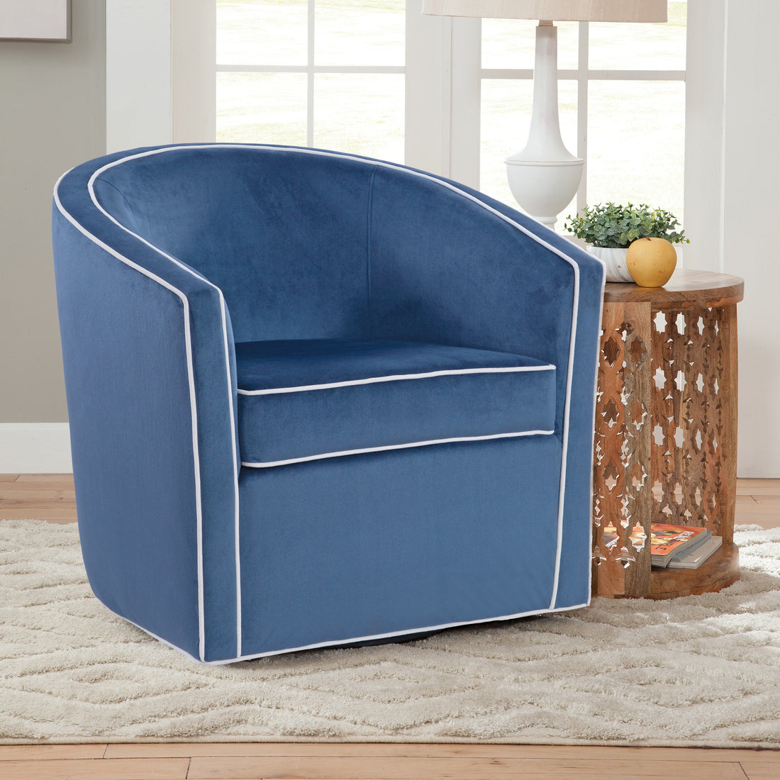 Kendall Blue Swivel Chair Blue Mid Century Modern Foam Velvet