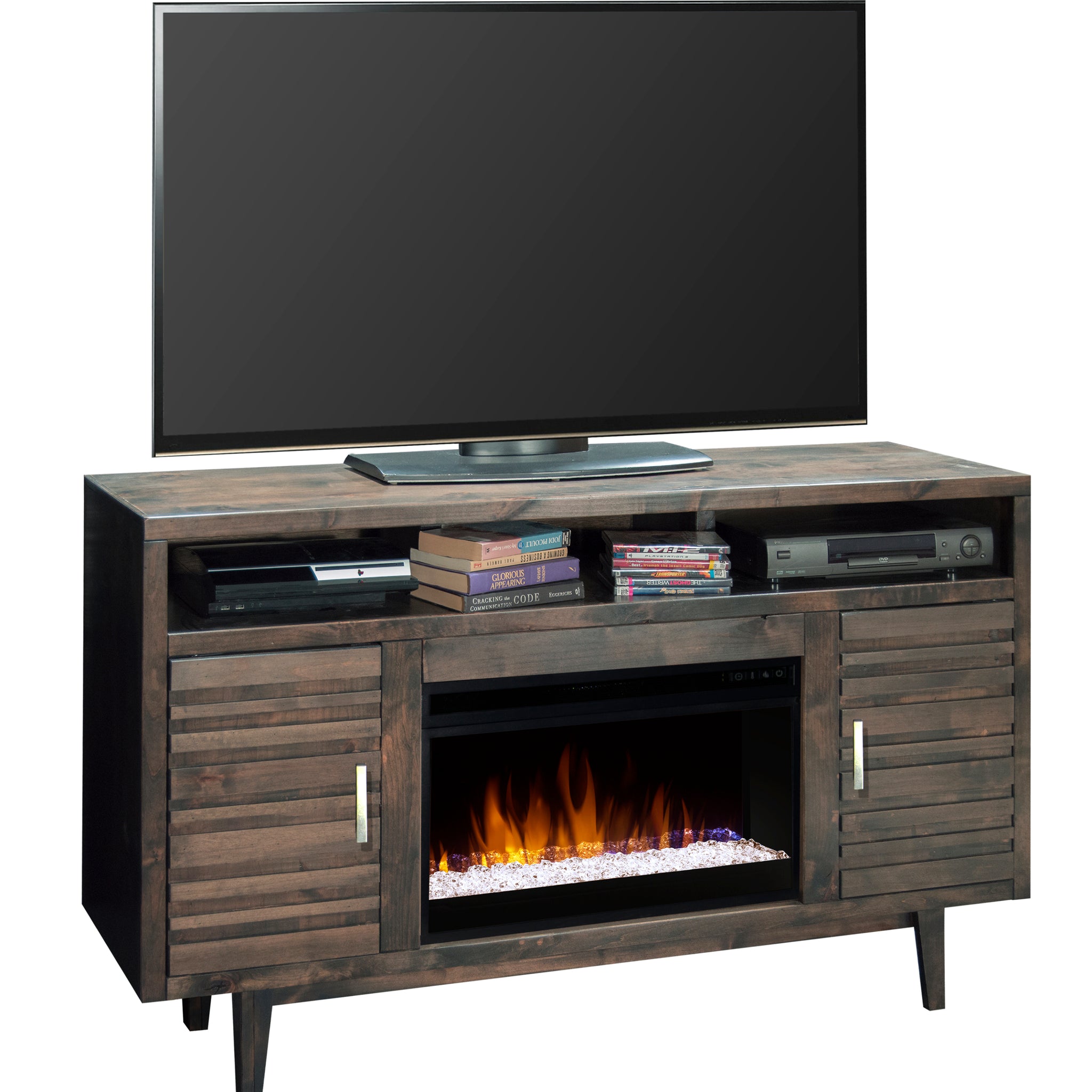 Avondale 61 Inch Electric Fireplace Tv Console For Tvs Up To 70 Inches, Minimal Assembly, Charcoal Brown Finish Electric Gray Primary Living Space Alder Yes Insert Electric Up To 40 No Grey 400 Vent Free Contemporary,Modern,Transitional Wood