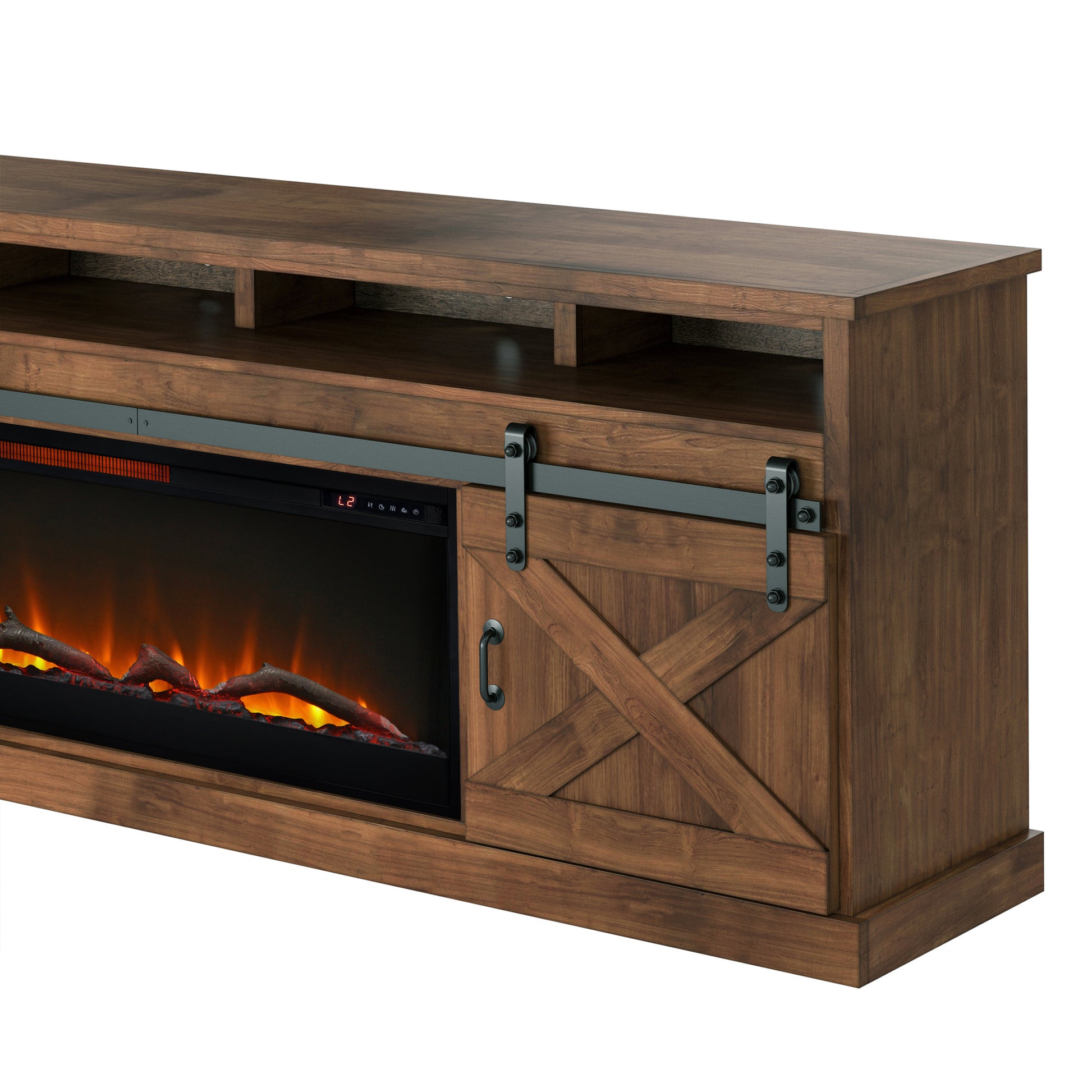 Farmhouse 93 Inch Electric Fireplace Tv Stand For Tvs Up To 100 Inches, Minimal Assembly, Aged Whiskey Finish Electric Brown Primary Living Space Alder Yes Insert Electric 41 50 Yes Brown 400 Vent Free Farmhouse,Lodge,Rustic Wood
