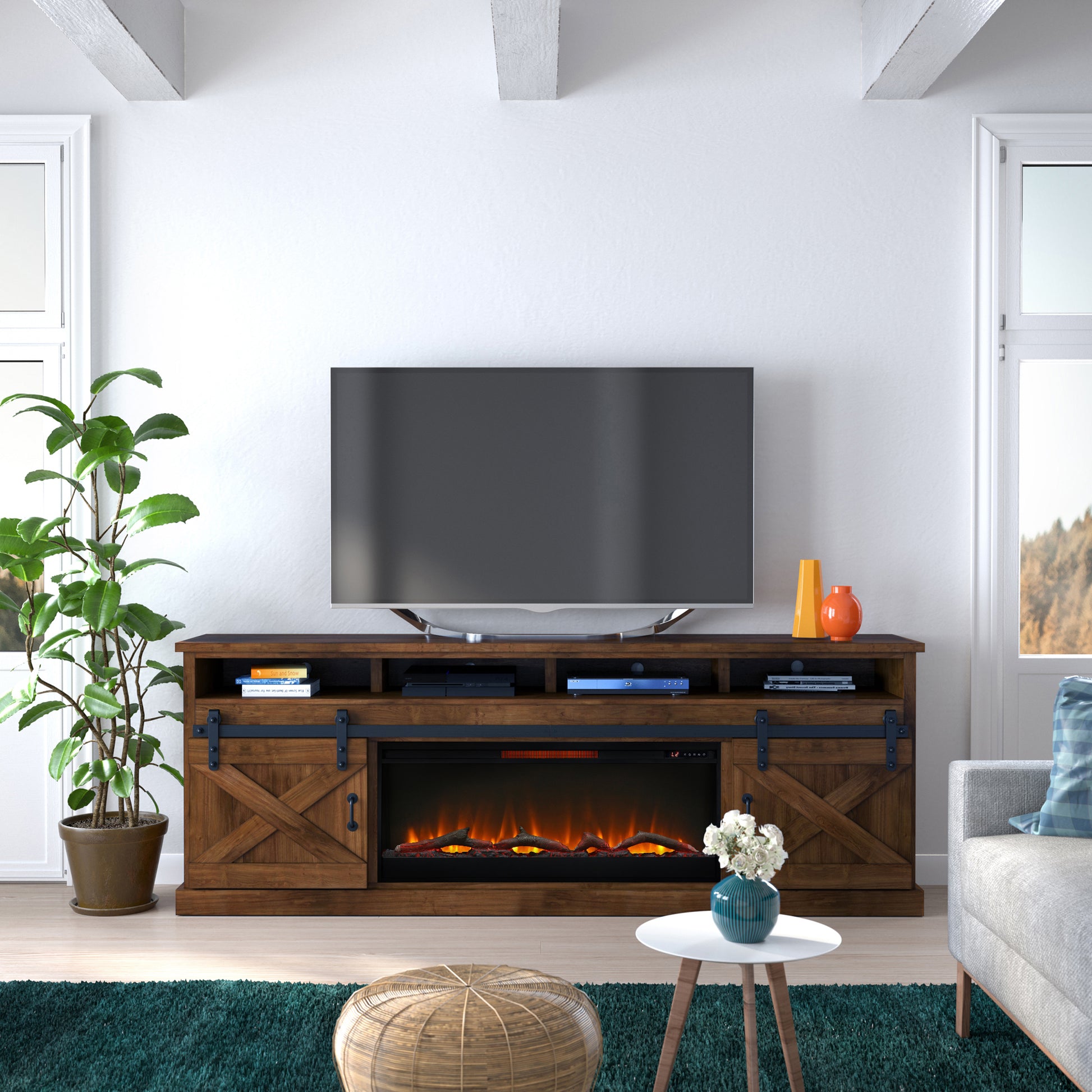 Farmhouse 93 Inch Electric Fireplace Tv Stand For Tvs Up To 100 Inches, Minimal Assembly, Aged Whiskey Finish Electric Brown Primary Living Space Alder Yes Insert Electric 41 50 Yes Brown 400 Vent Free Farmhouse,Lodge,Rustic Wood